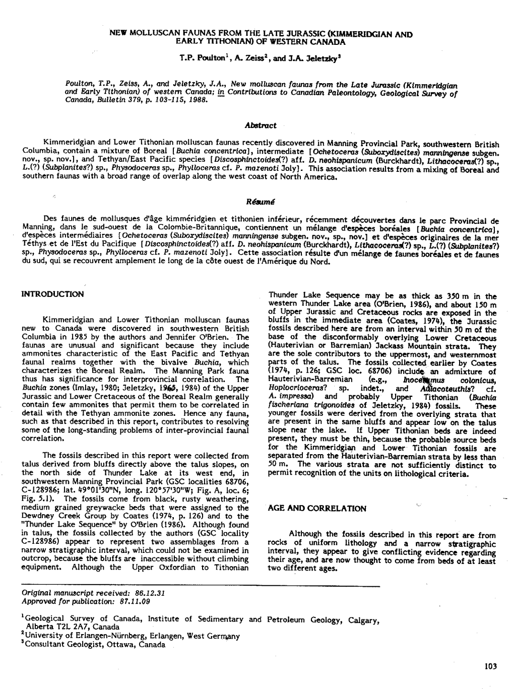 New Molluscan Faunas from the Late Jurassic (Kimmeridgian and Early Tithonian) of Western Canada T.P