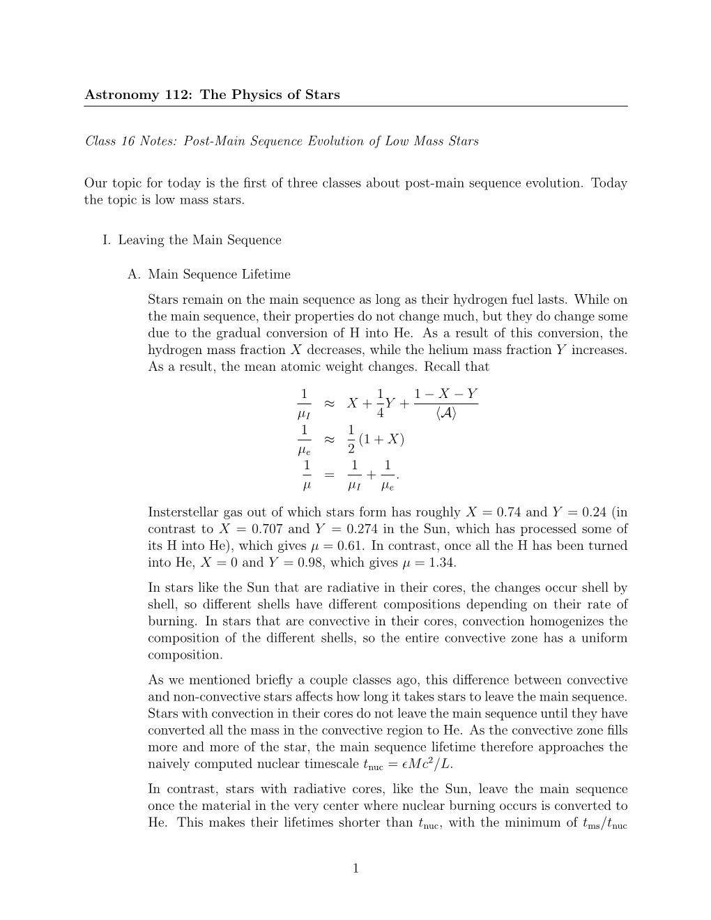 Astronomy 112: the Physics of Stars Class 16 Notes: Post-Main