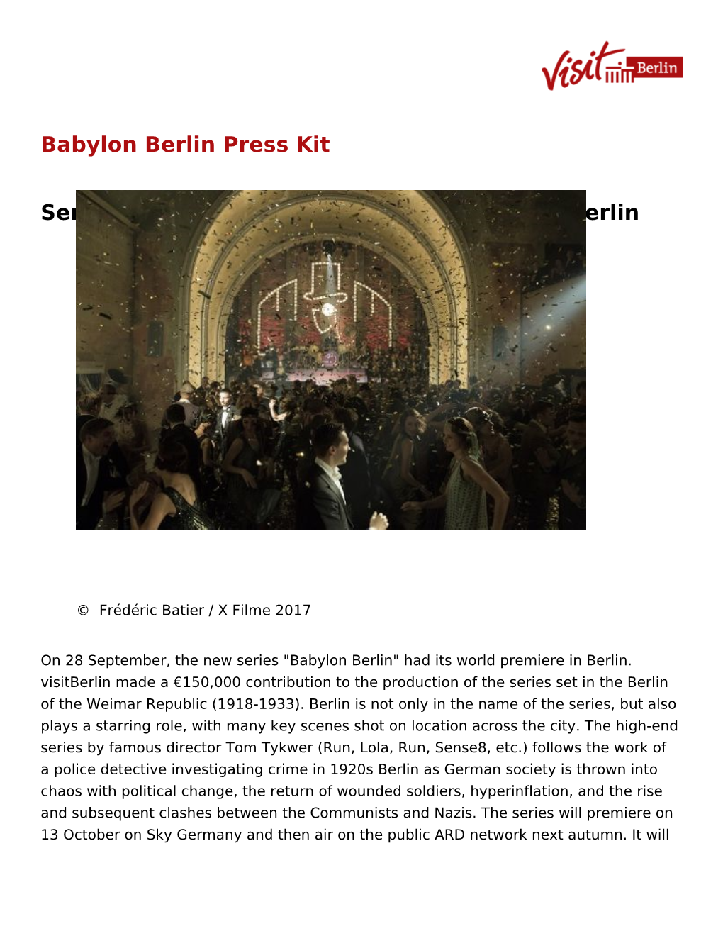 Babylon Berlin Press Kit Series by Director Tom Tykwer Set in 1920S Berlin