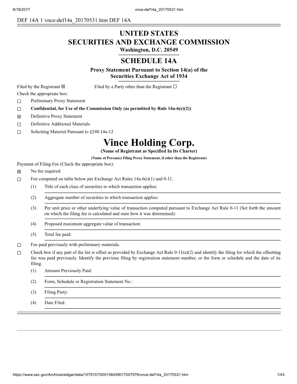 Vince Holding Corp. (Name of Registrant As Specified in Its Charter)