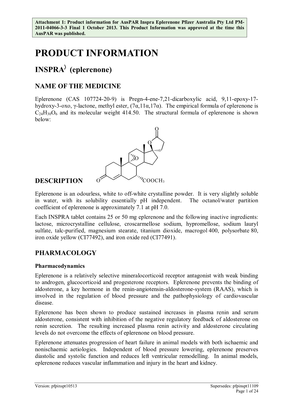 Attachment 1. Product Information for Eplerenone