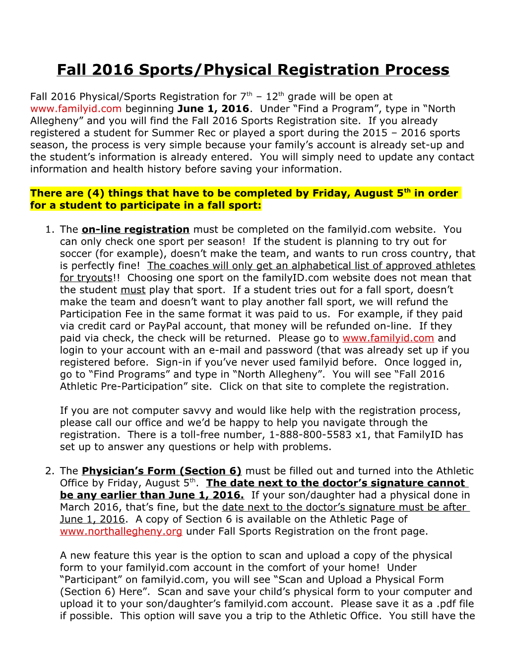 Fall 2016 Sports/Physical Registration Process