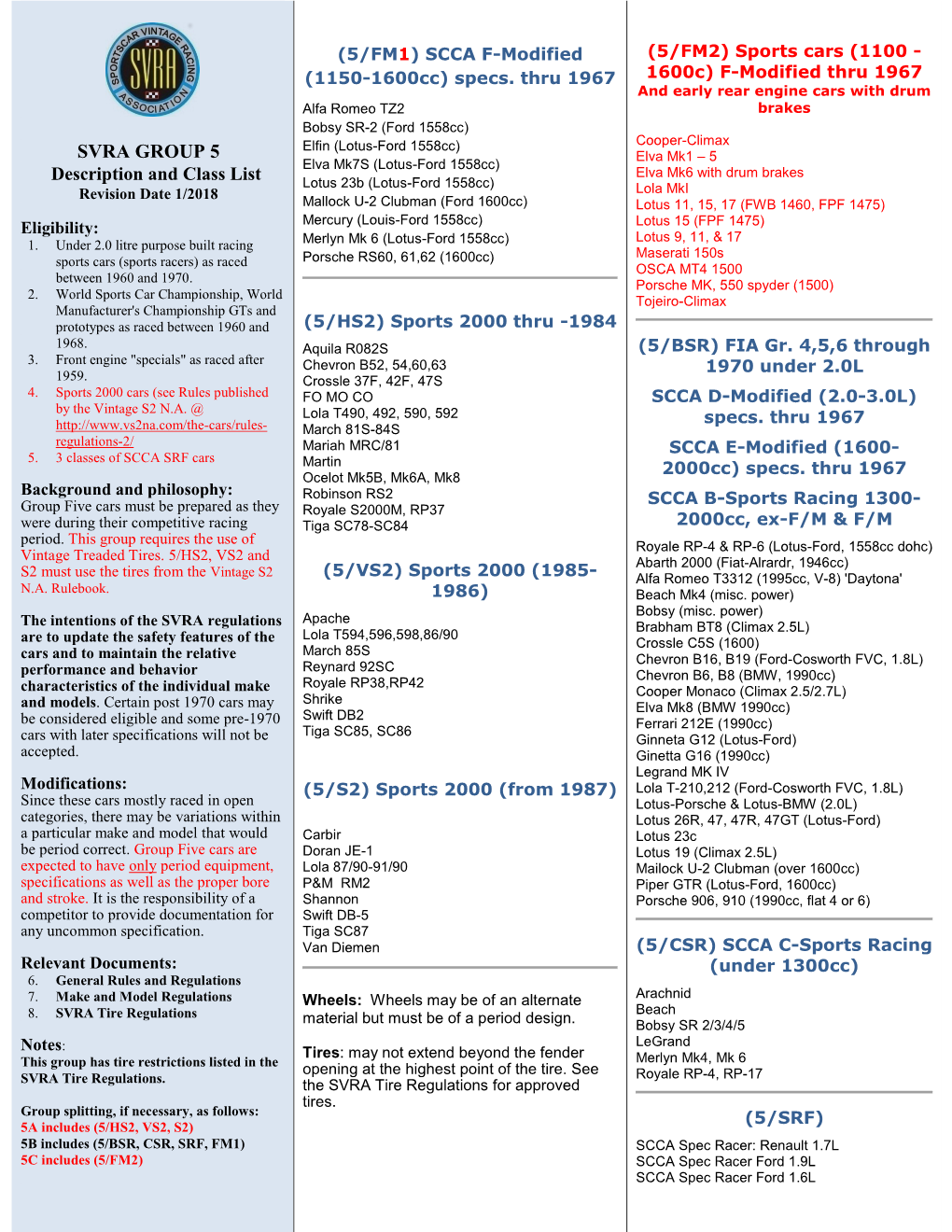 SVRA GROUP 5 Description and Class List