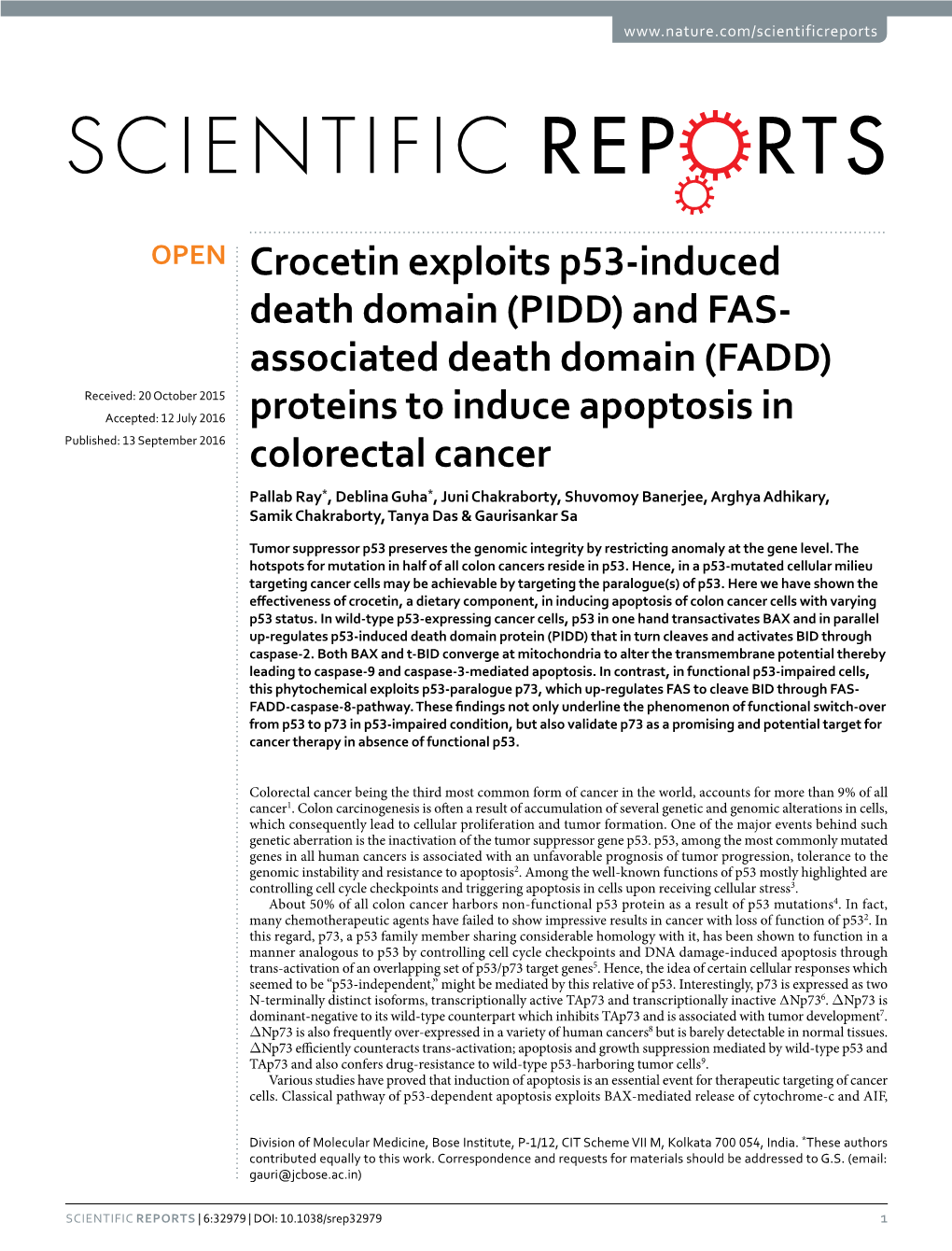 Crocetin Exploits P53-Induced Death Domain (PIDD)