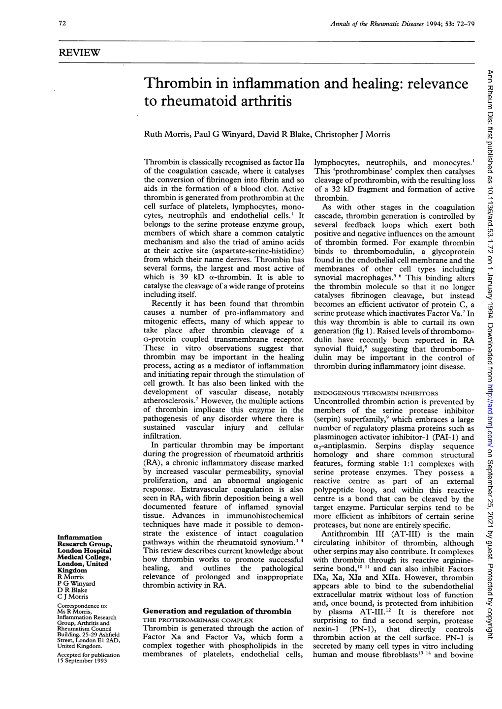 Thrombin in Inflammation and Healing: Relevance to Rheumatoid Arthritis