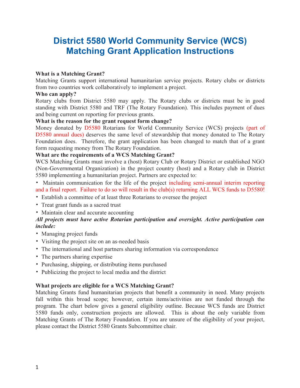 District 5580 World Community Service (WCS) Matching Grant Application Instructions