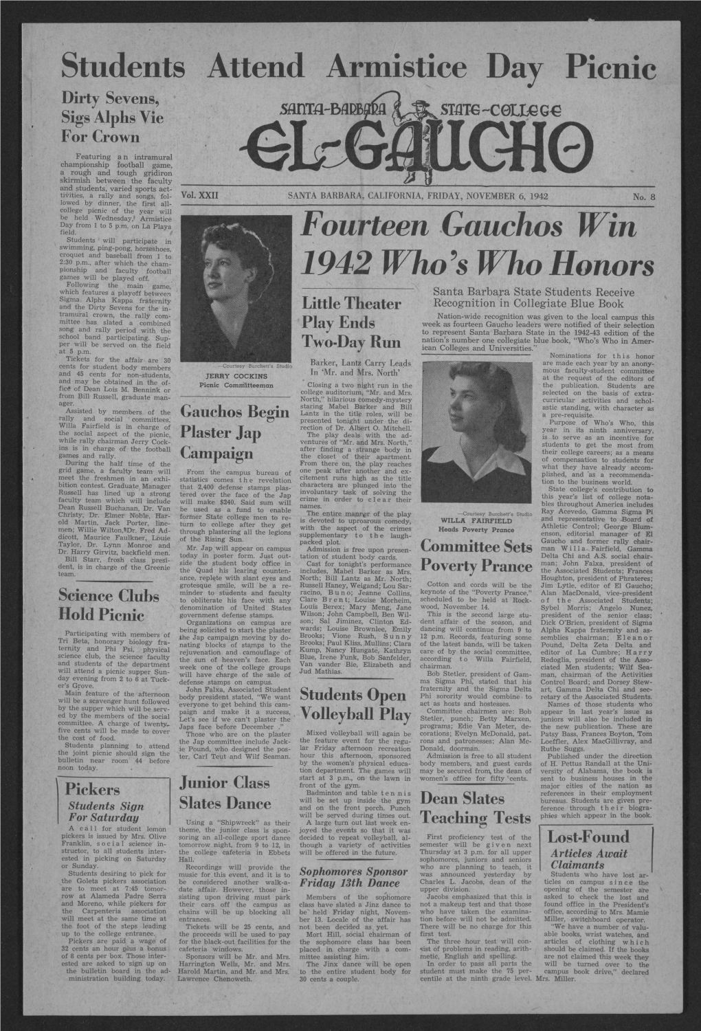 Students Attend Armistice Day Picnic Fourteen Gauchos Win 1942 Who's