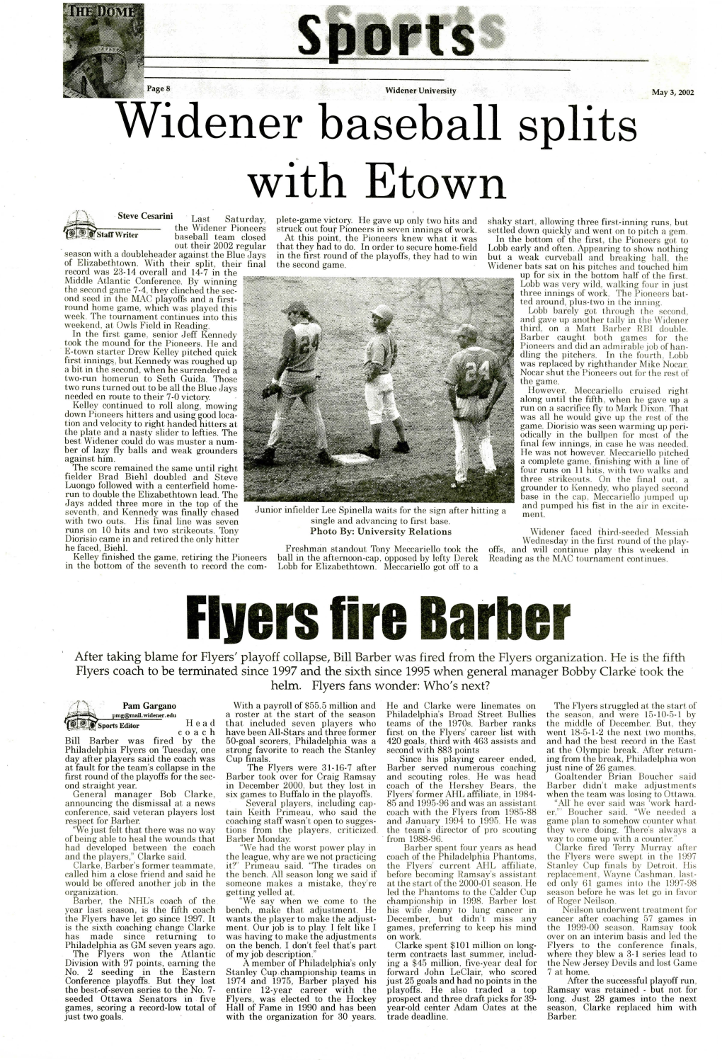 Widener Baseball Splits with Etown