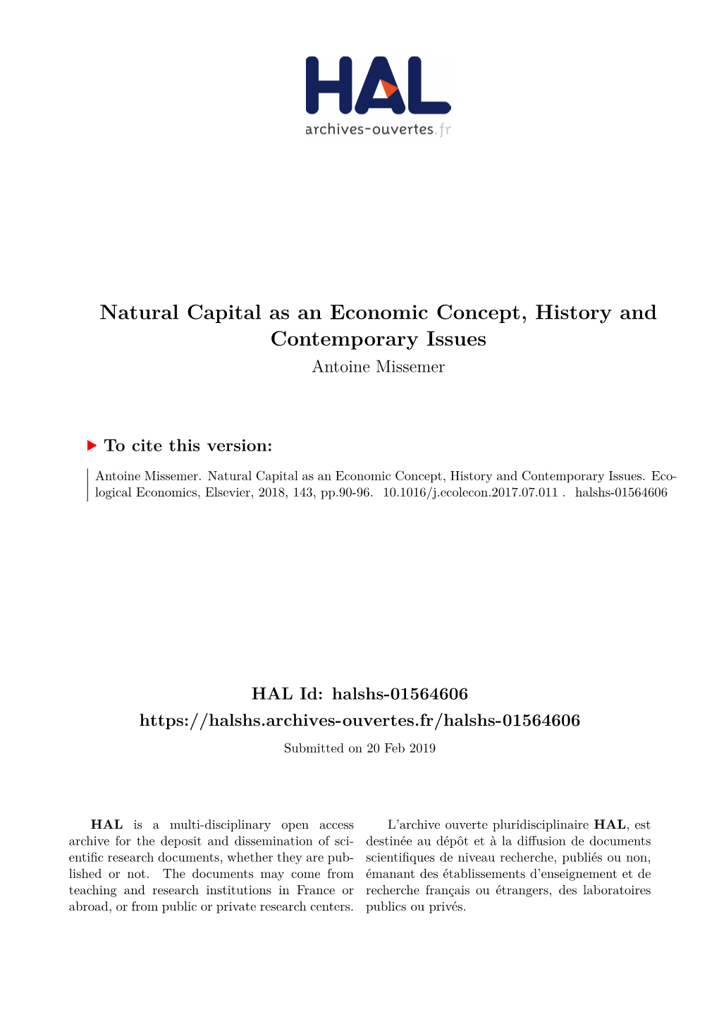 Natural Capital As an Economic Concept, History and Contemporary Issues Antoine Missemer