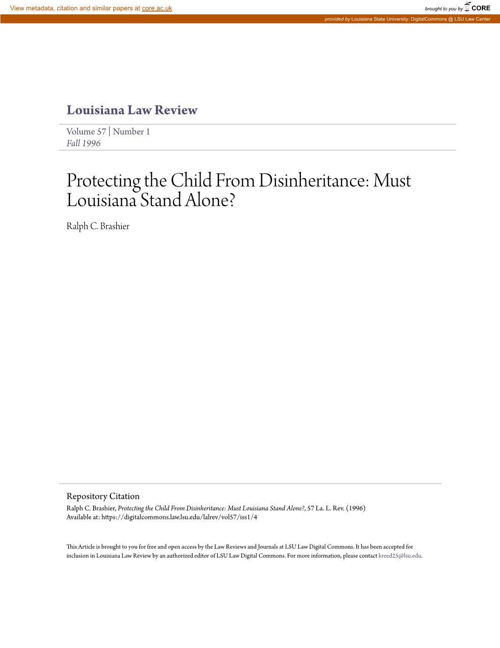 Protecting the Child from Disinheritance: Must Louisiana Stand Alone? Ralph C