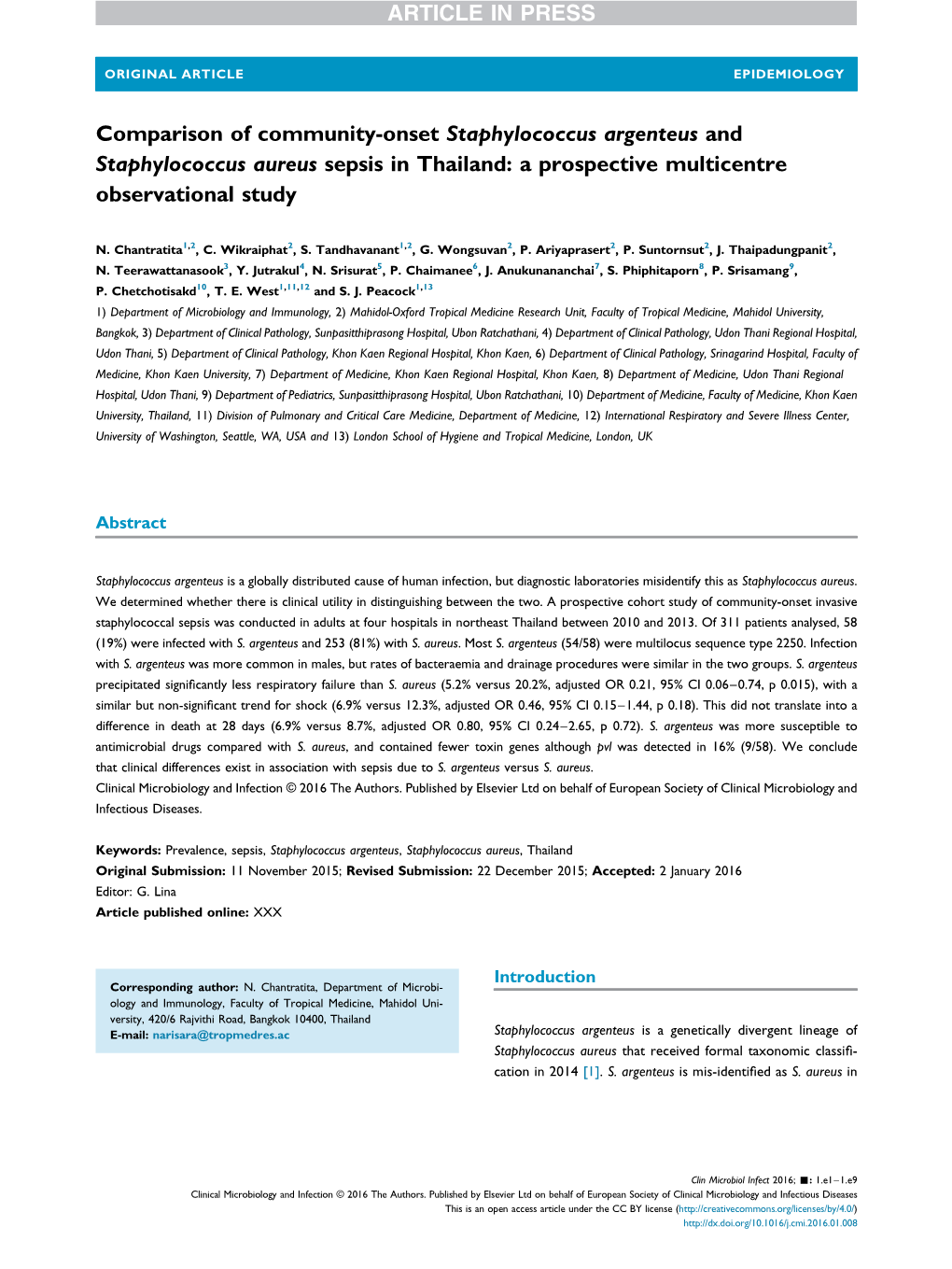 Comparison of Community-Onset Staphylococcus Argenteus and Staphylococcus Aureus Sepsis in Thailand: a Prospective Multicentre Observational Study