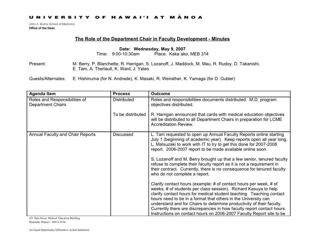 The Role of the Department Chair in Faculty Development - Minutes