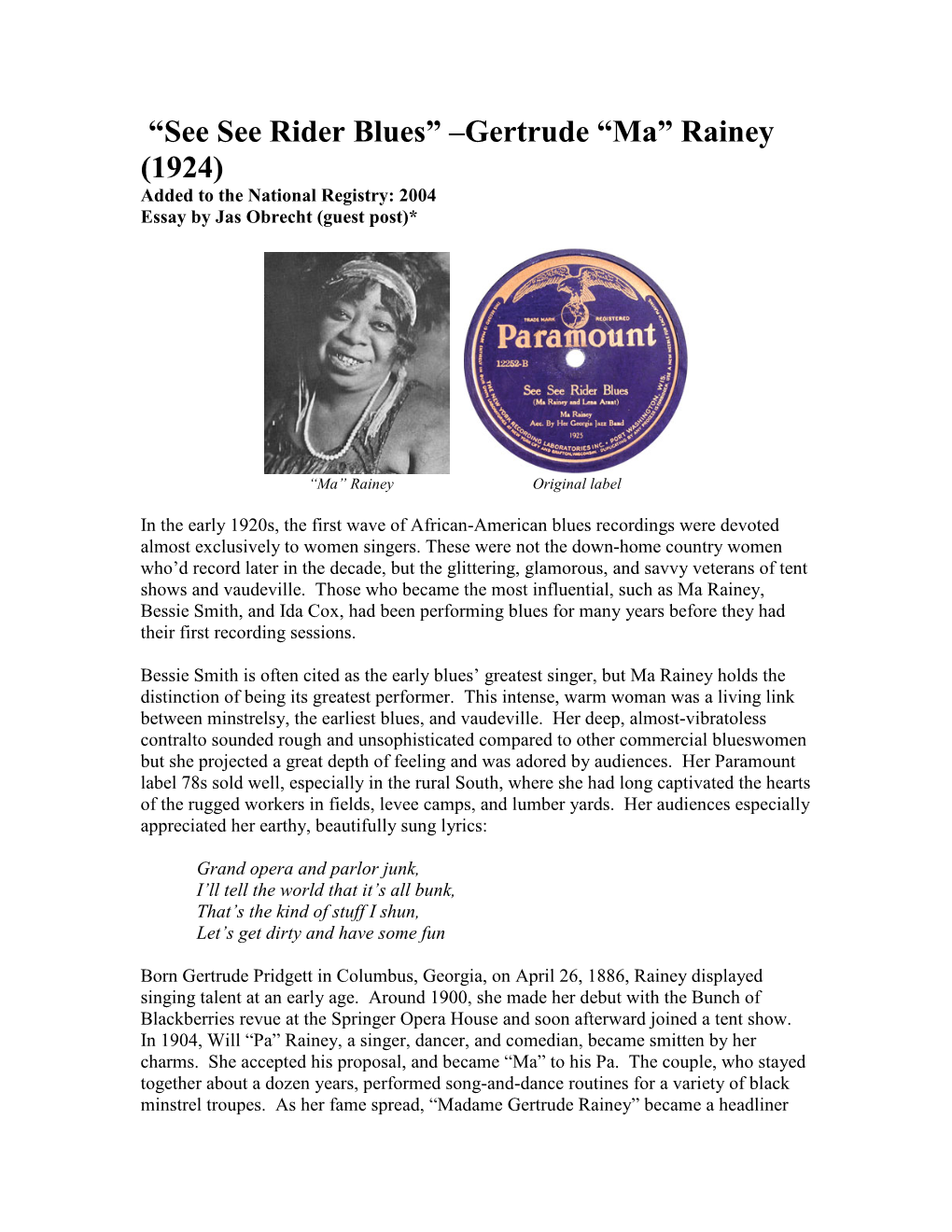 “See See Rider Blues” –Gertrude “Ma” Rainey (1924) Added to the National Registry: 2004 Essay by Jas Obrecht (Guest Post)*