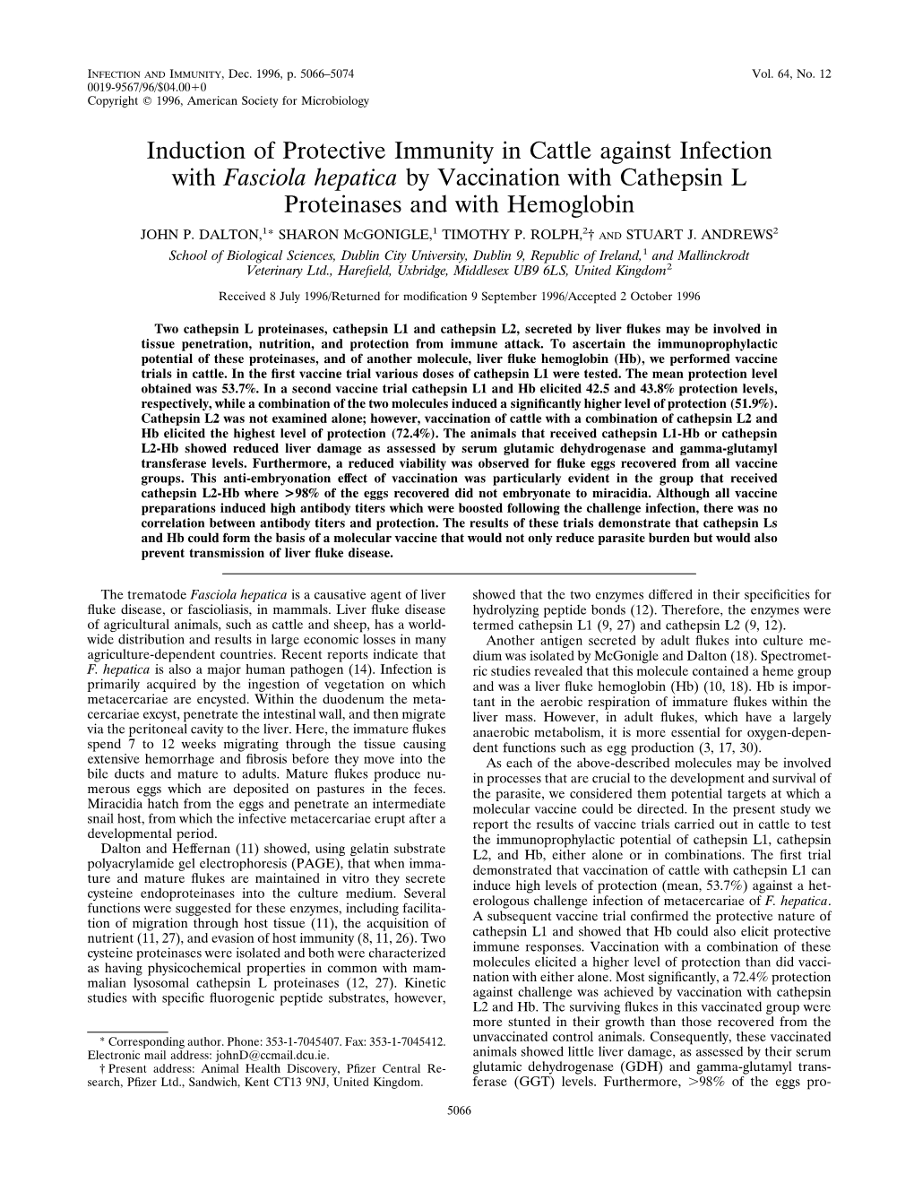 Induction of Protective Immunity in Cattle Against Infection with Fasciola Hepatica by Vaccination with Cathepsin L Proteinases and with Hemoglobin