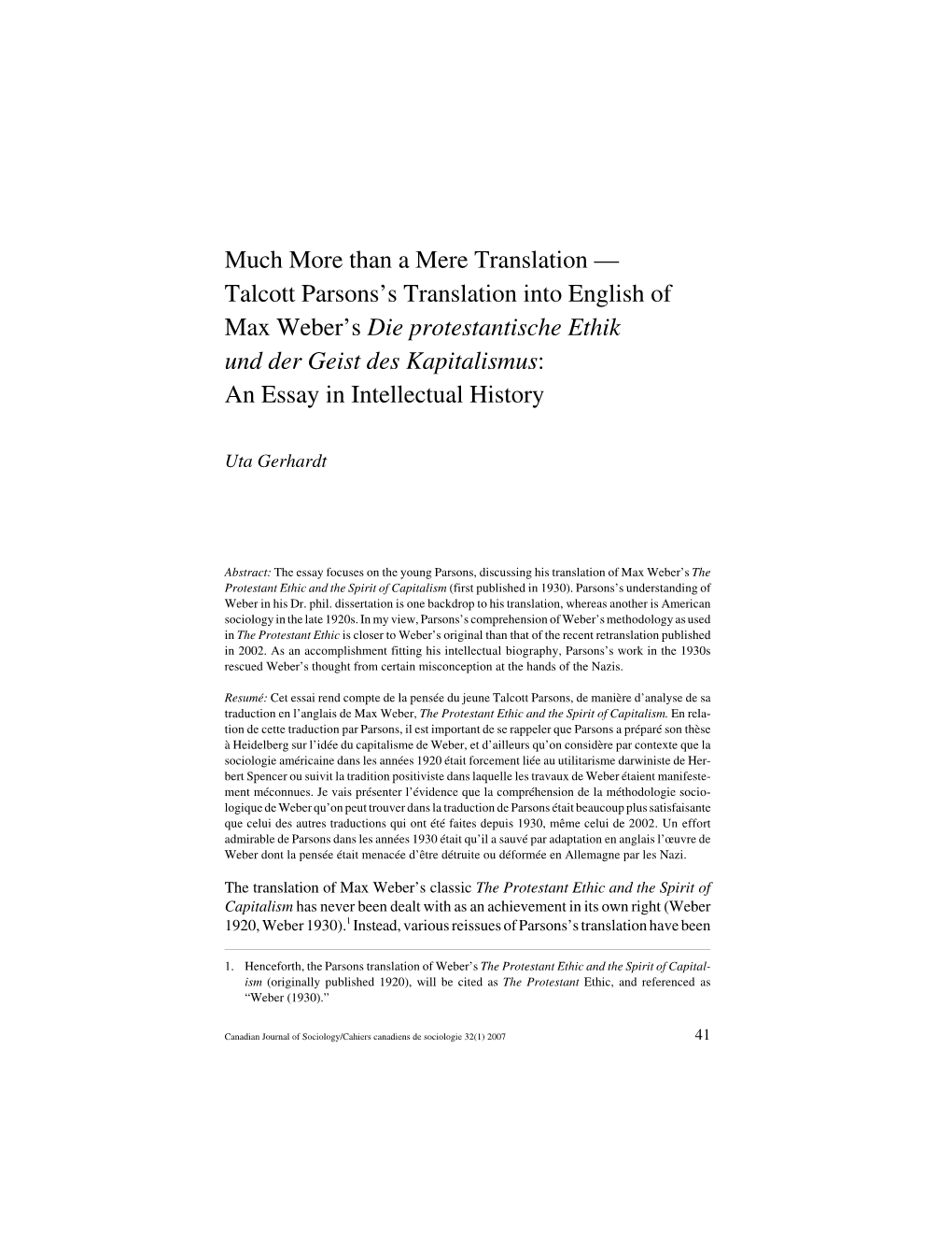 Talcott Parsons's Translation Into English of Max Weber's Die