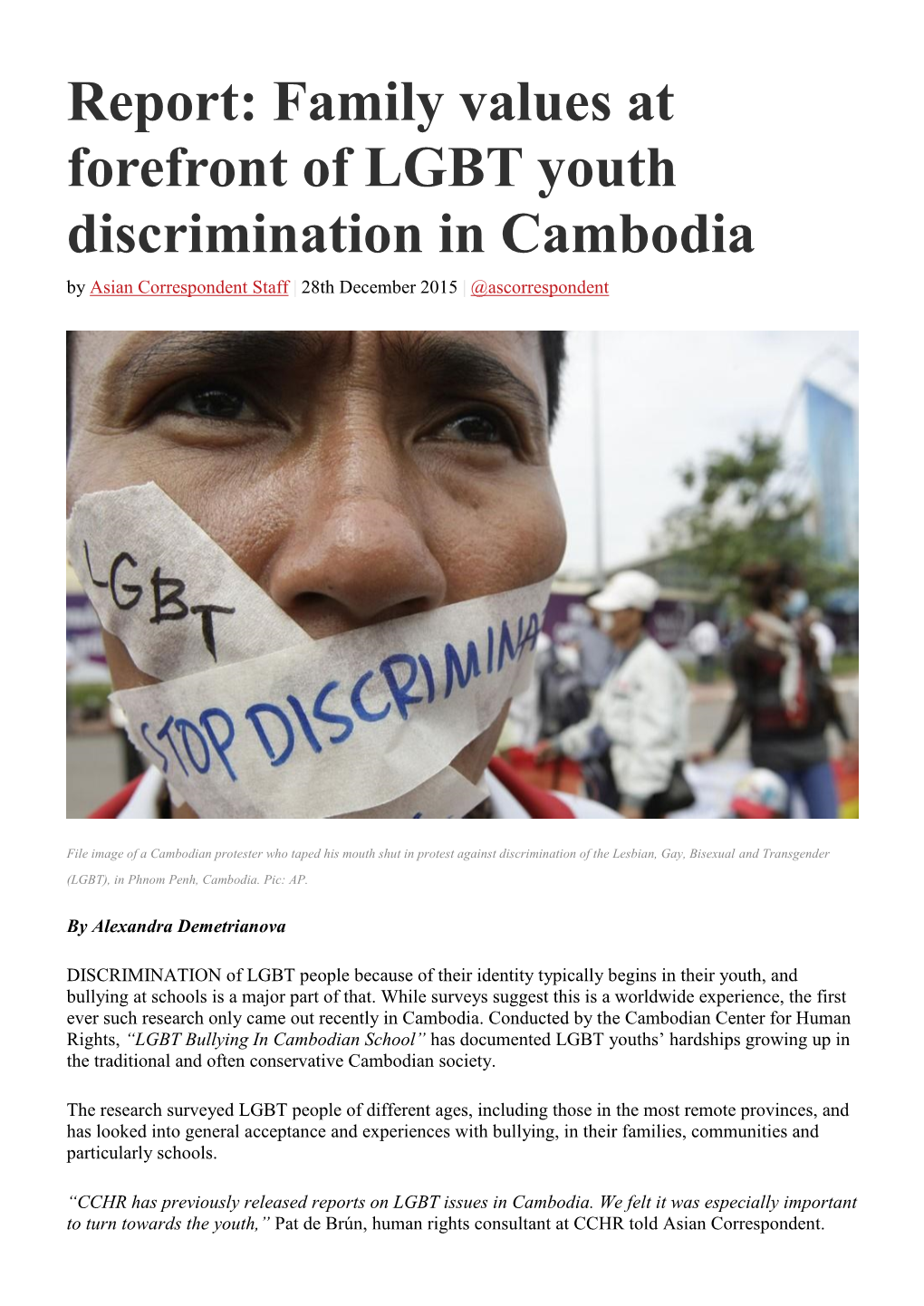 Family Values at Forefront of LGBT Youth Discrimination in Cambodia by Asian Correspondent Staff | 28Th December 2015 | @Ascorrespondent