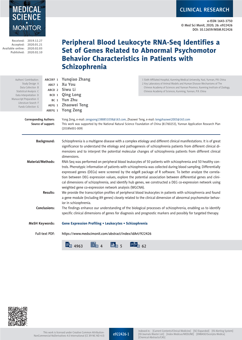 Peripheral Blood Leukocyte RNA-Seq Identifies a Set of Genes Related to Abnormal Psychomotor Behavior Characteristics in Patients with Schizophrenia