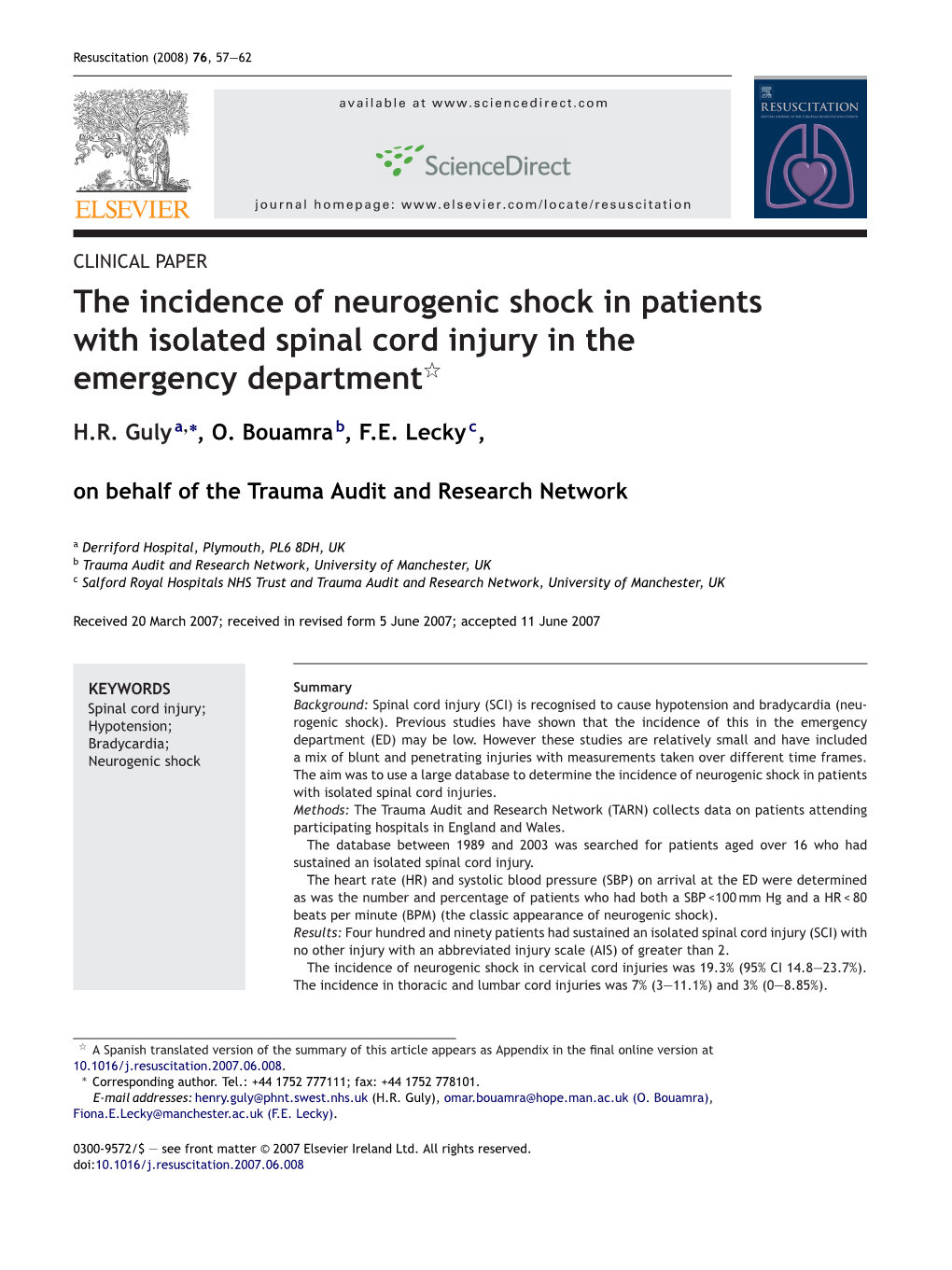 The Incidence of Neurogenic Shock in Patients with Isolated Spinal Cord Injury in the Emergency Departmentଝ