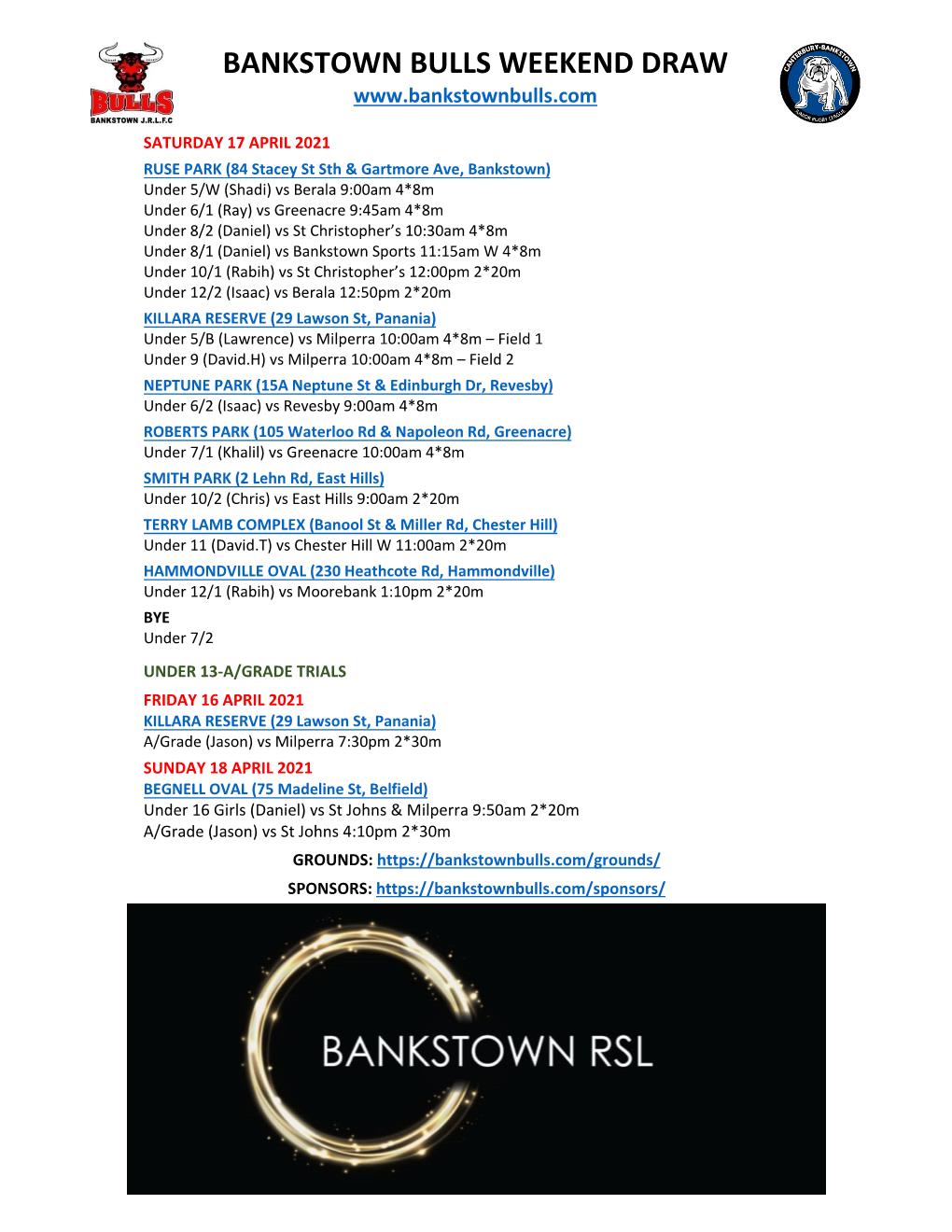 Bankstown Bulls Weekend Draw