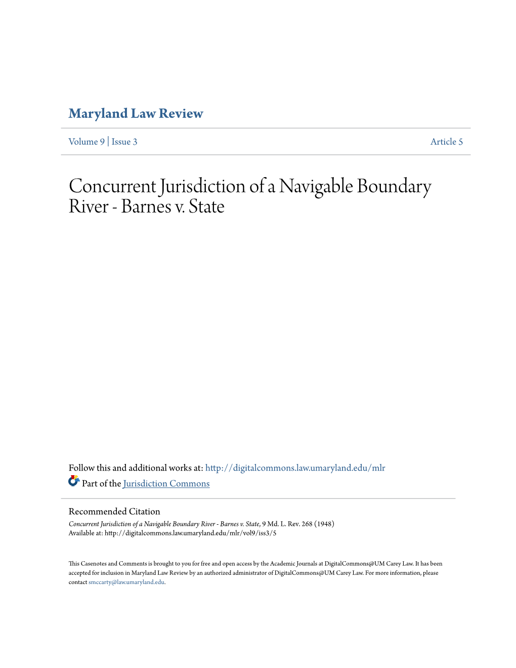 Concurrent Jurisdiction of a Navigable Boundary River - Barnes V