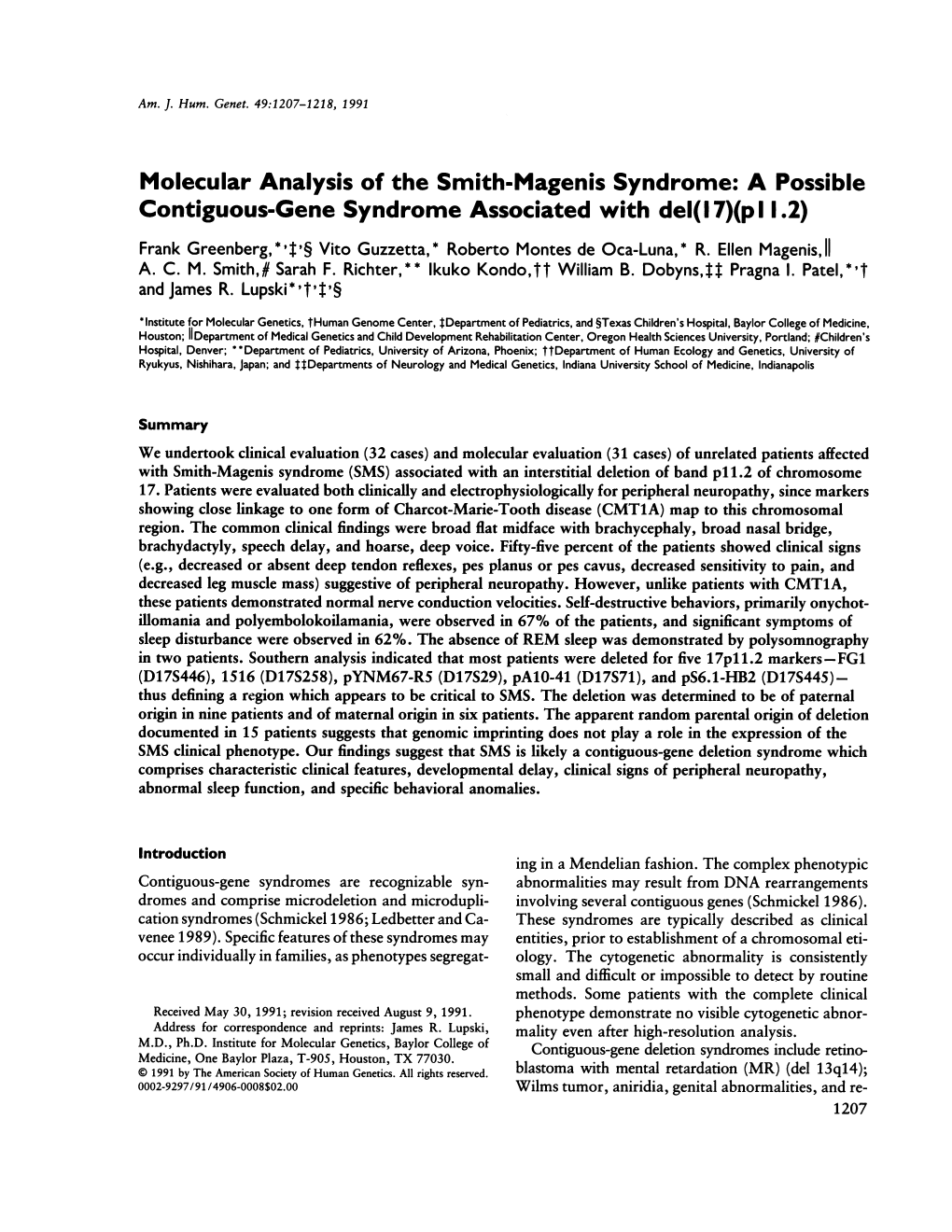 Contiguous-Gene Syndrome Associated with Del(L7)(Pl 1.2) Frank Greenberg,*,$1§ Vito Guzzetta,* Roberto Montes De Oca-Luna,* R