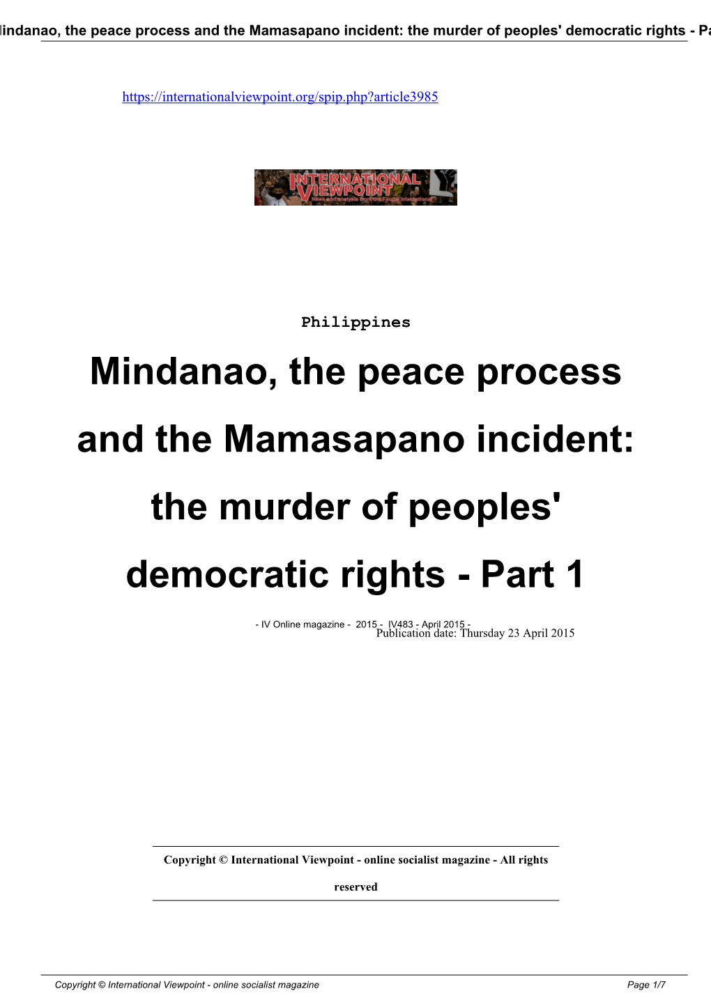 Mindanao, the Peace Process and the Mamasapano Incident: the Murder of Peoples' Democratic Rights - Part 1