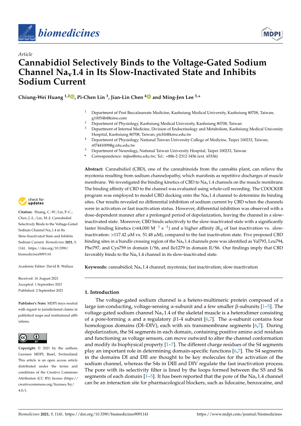 Cannabidiol Selectively Binds to the Voltage-Gated Sodium Channel Nav1.4 in Its Slow-Inactivated State and Inhibits Sodium Current