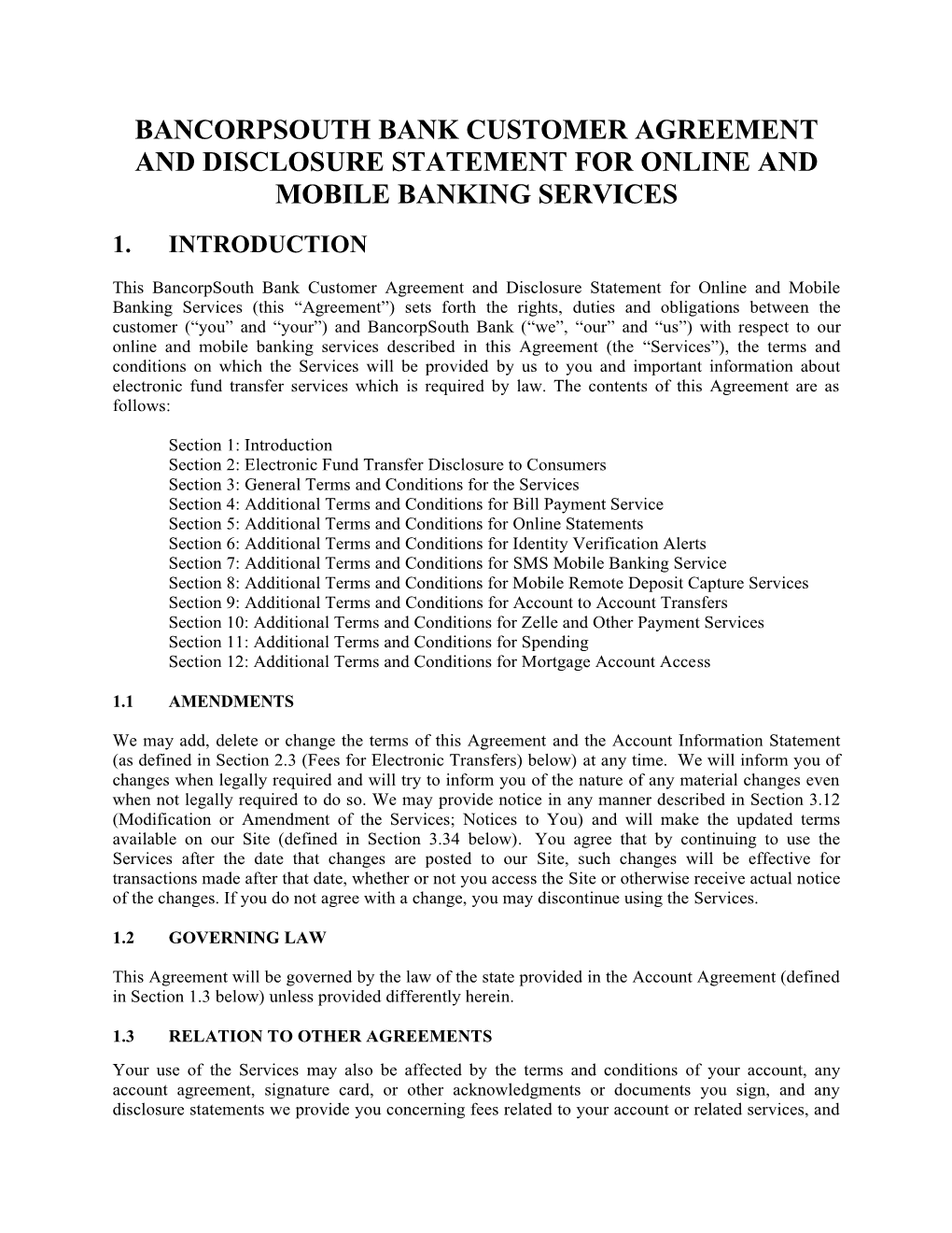 Bancorpsouth Bank Customer Agreement and Disclosure Statement for Online and Mobile Banking Services