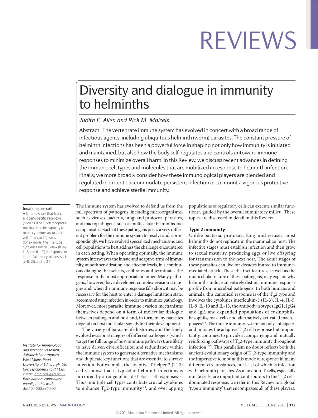 Diversity and Dialogue in Immunity to Helminths