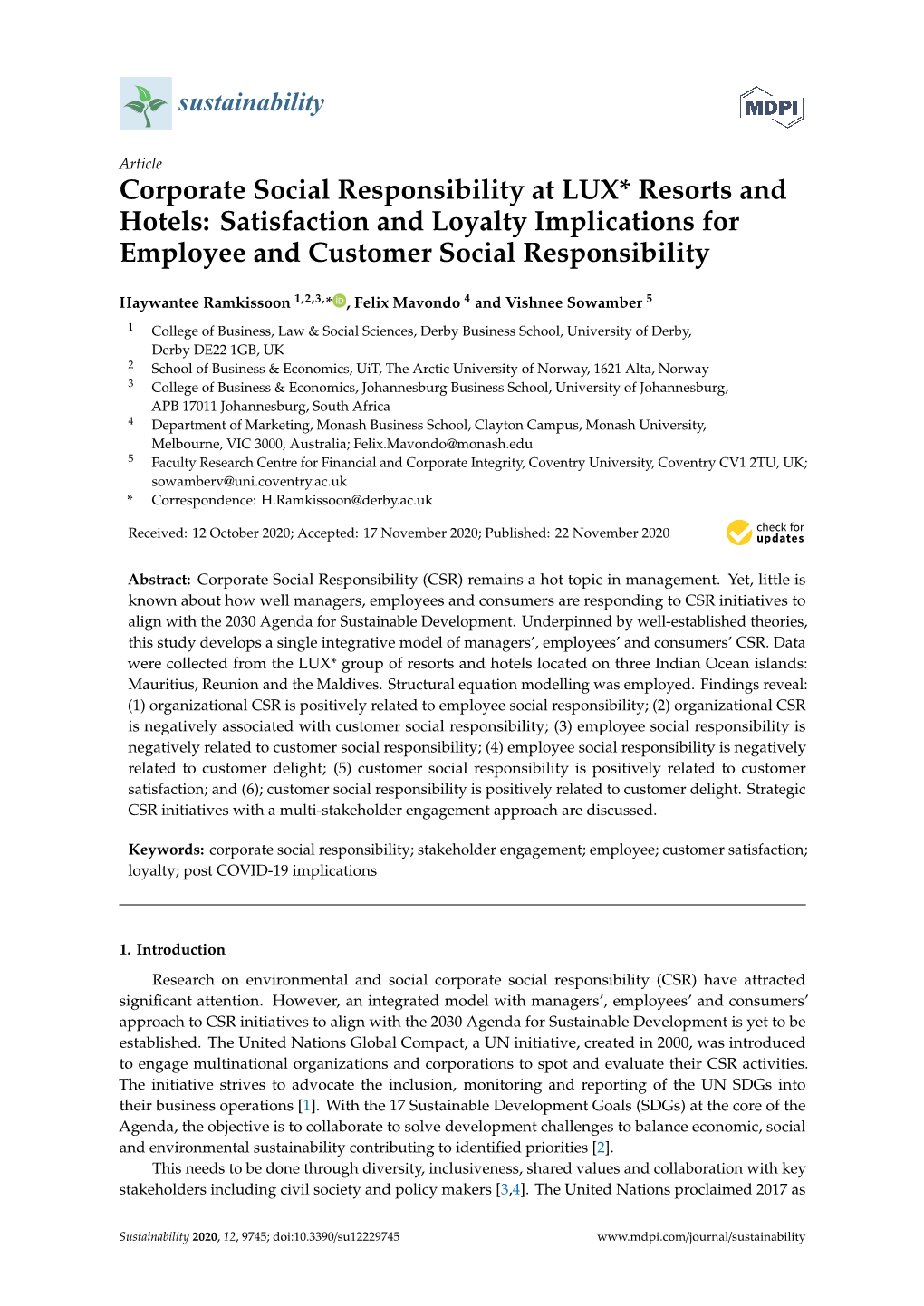 Corporate Social Responsibility at LUX* Resorts and Hotels: Satisfaction and Loyalty Implications for Employee and Customer Social Responsibility