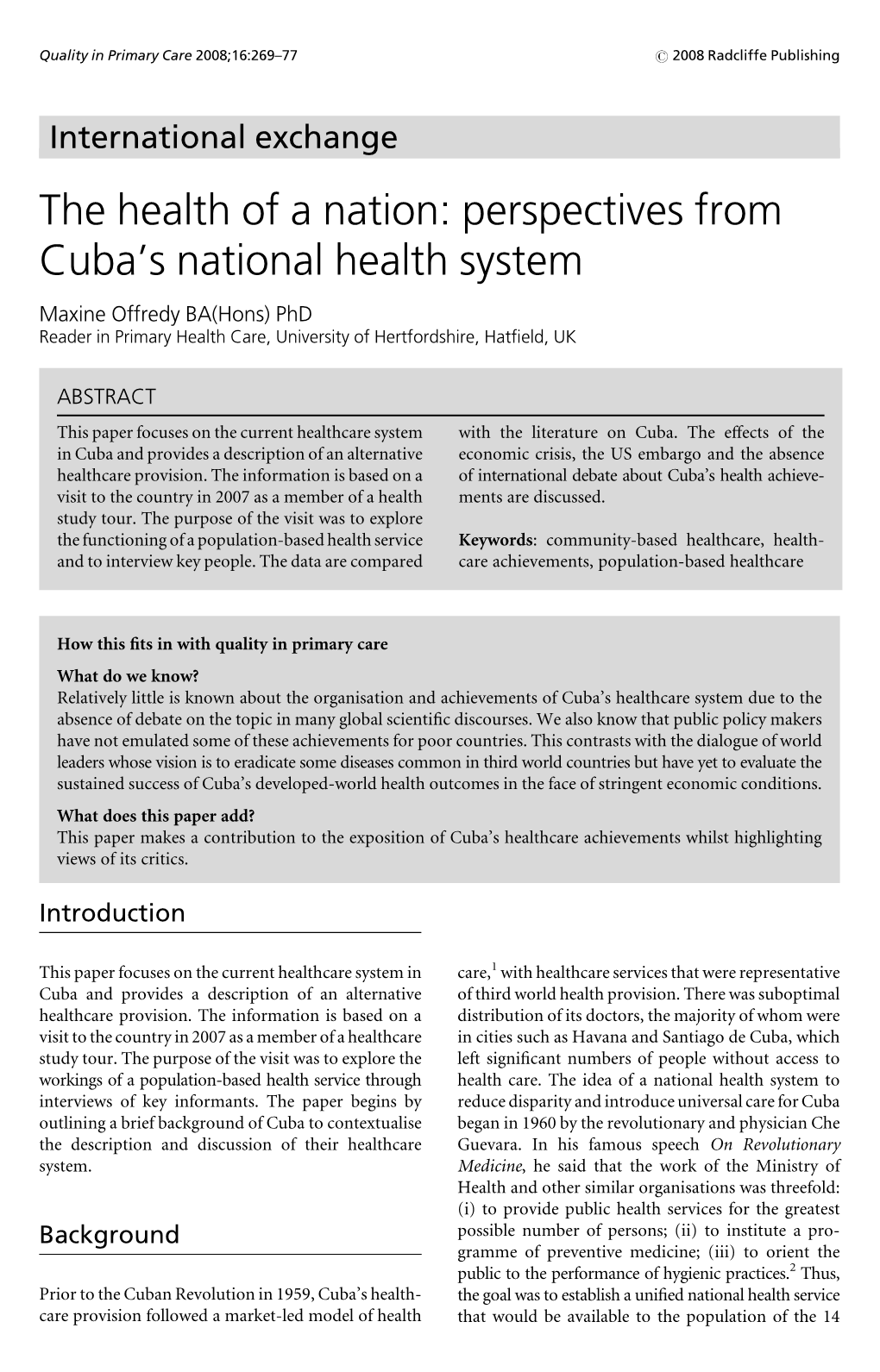 Perspectives from Cuba's National Health System