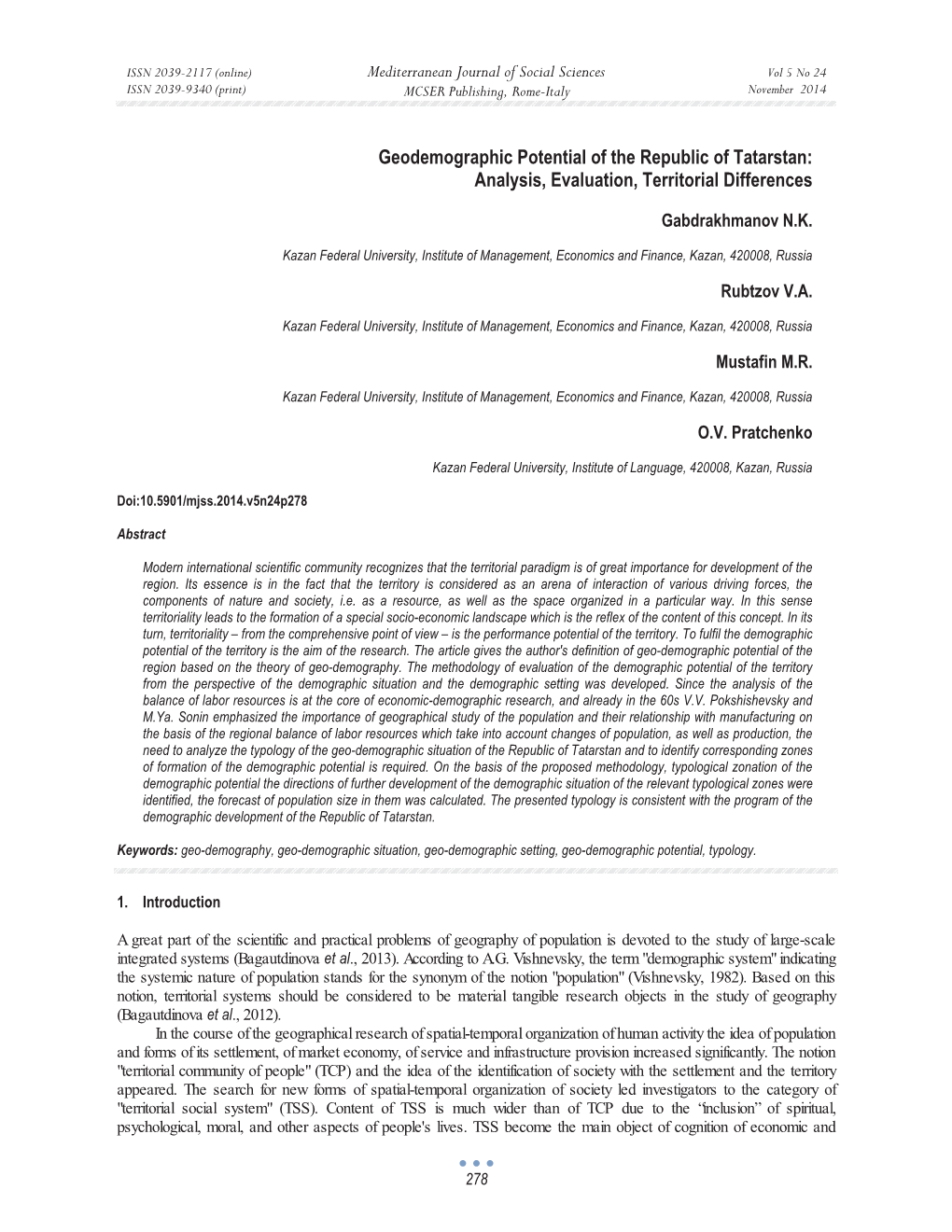 Geodemographic Potential of the Republic of Tatarstan: Analysis, Evaluation, Territorial Differences