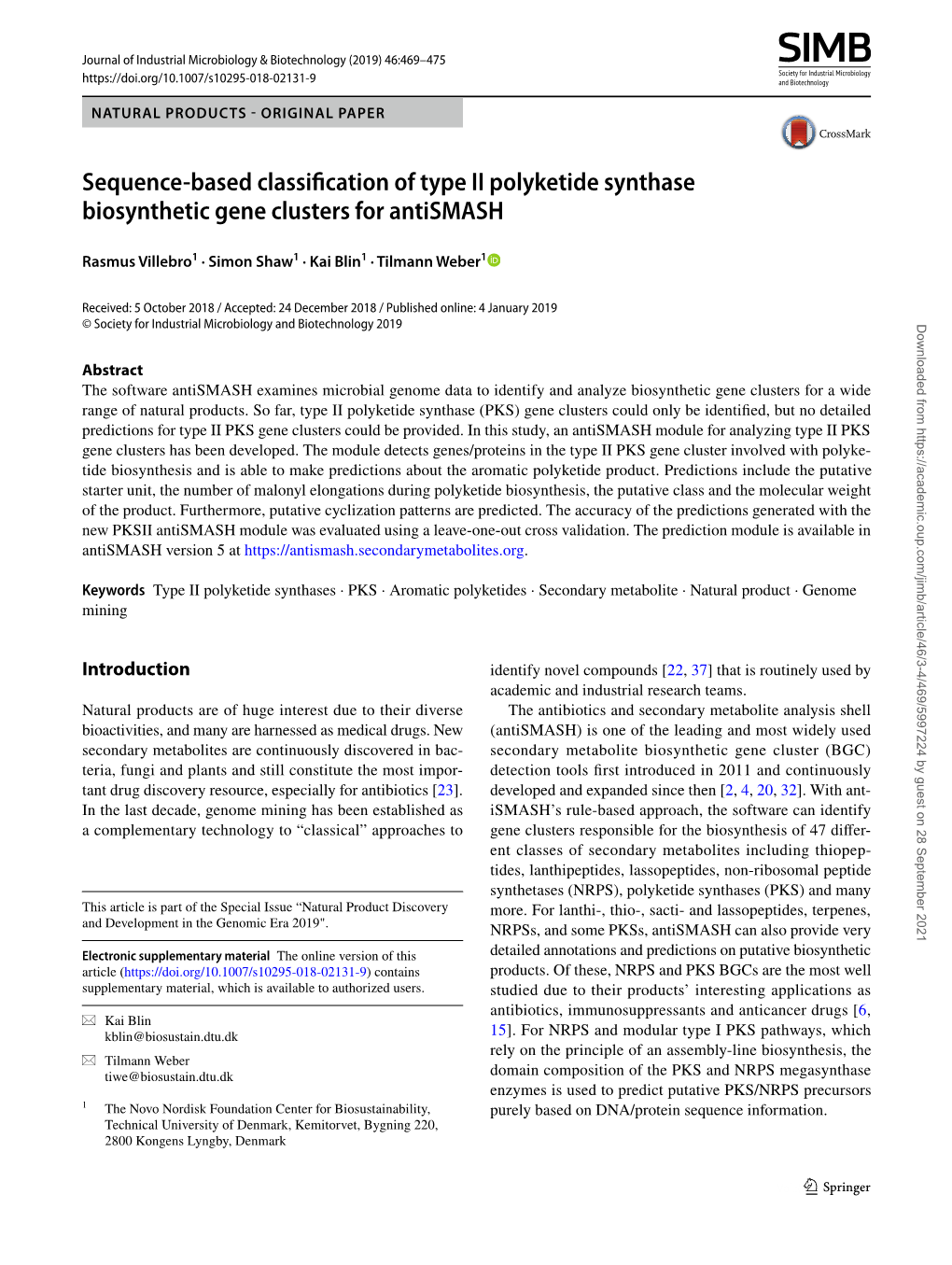 Sequence-Based Classification of Type II Polyketide Synthase Biosynthetic