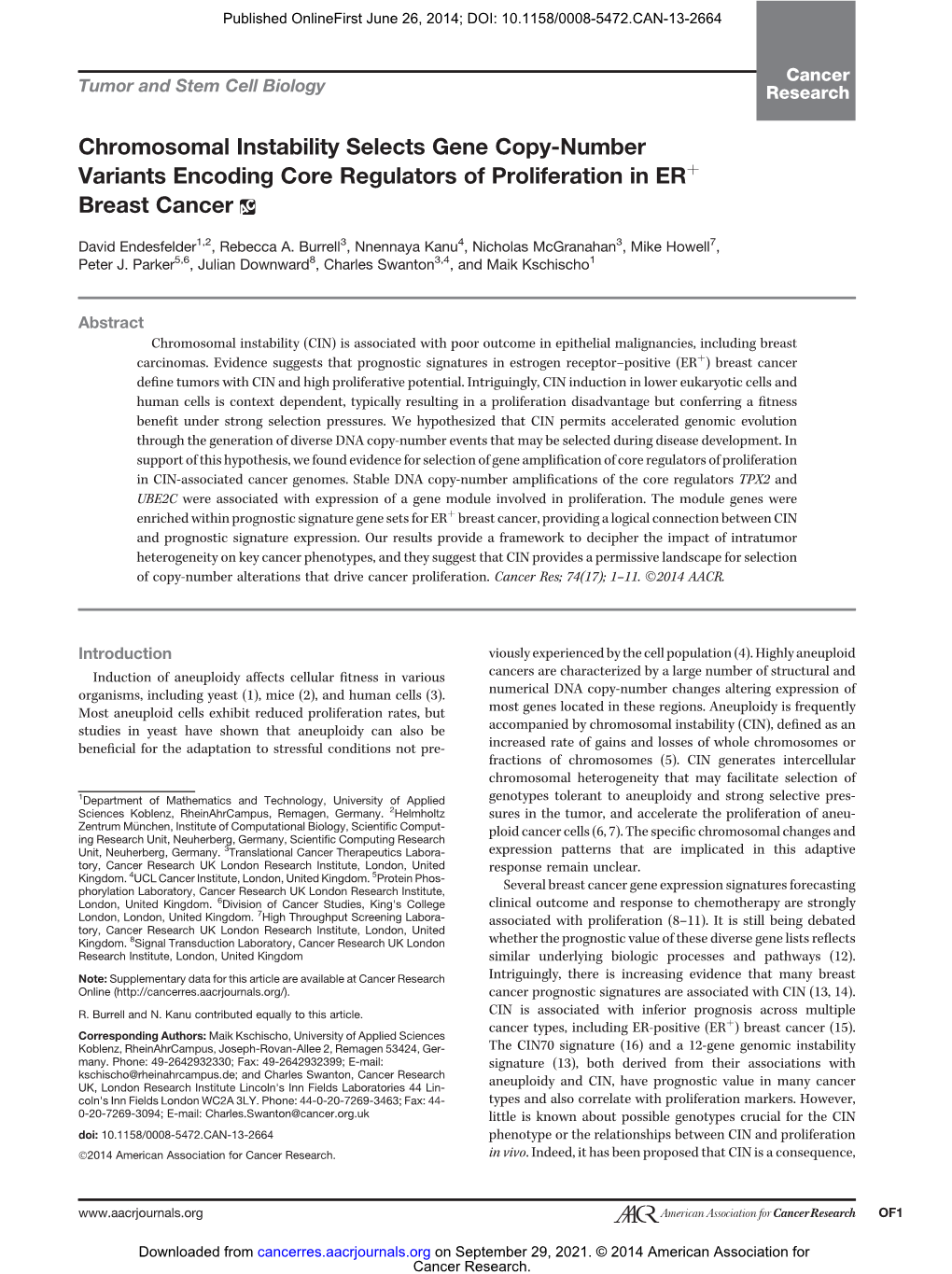 Chromosomal Instability Selects Gene Copy-Number Variants Encoding Core Regulators of Proliferation in Erþ Breast Cancer