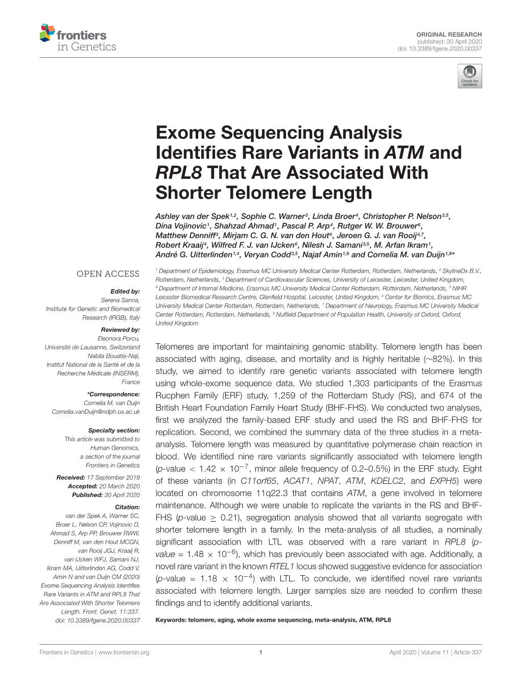 Exome Sequencing Analysis Identifies Rare Variants in ATM and RPL8 That Are Associated with Shorter Telomere Length