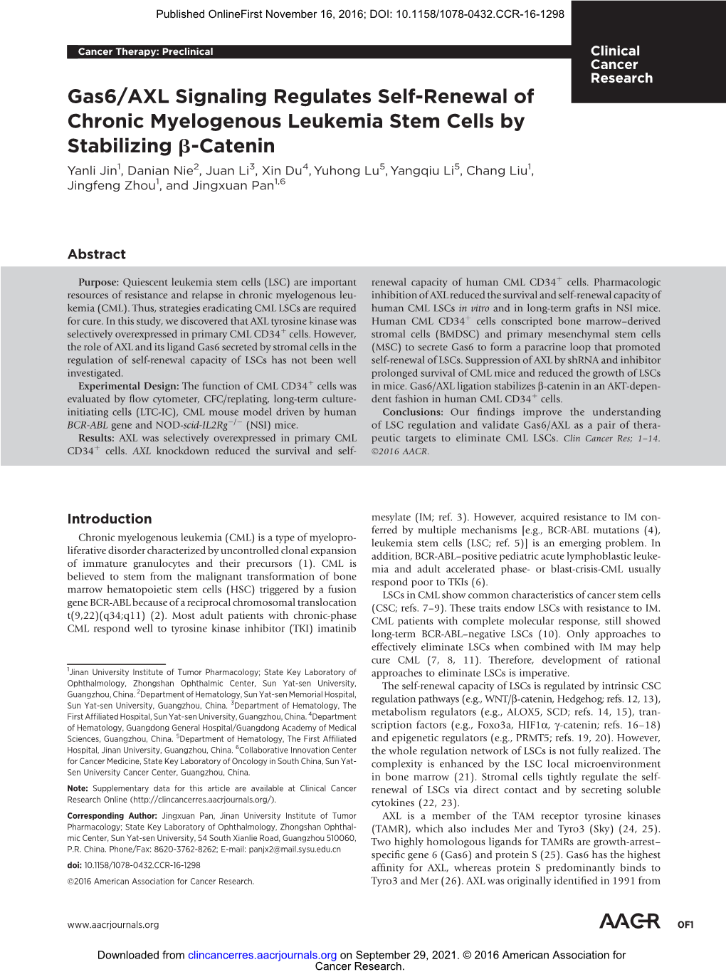 Gas6/AXL Signaling Regulates Self-Renewal of Chronic Myelogenous Leukemia Stem Cells by Stabilizing Β-Catenin