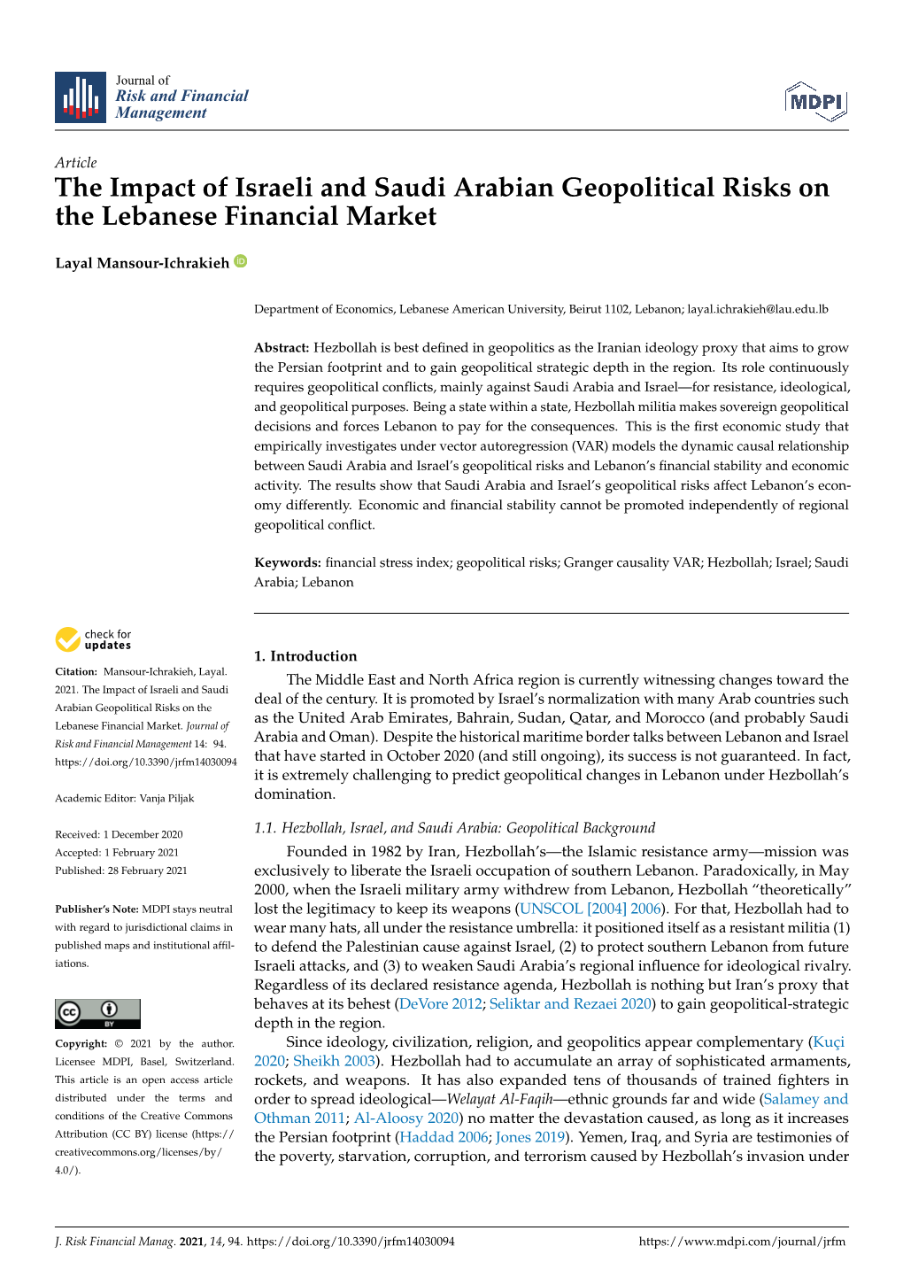 The Impact of Israeli and Saudi Arabian Geopolitical Risks on the Lebanese Financial Market