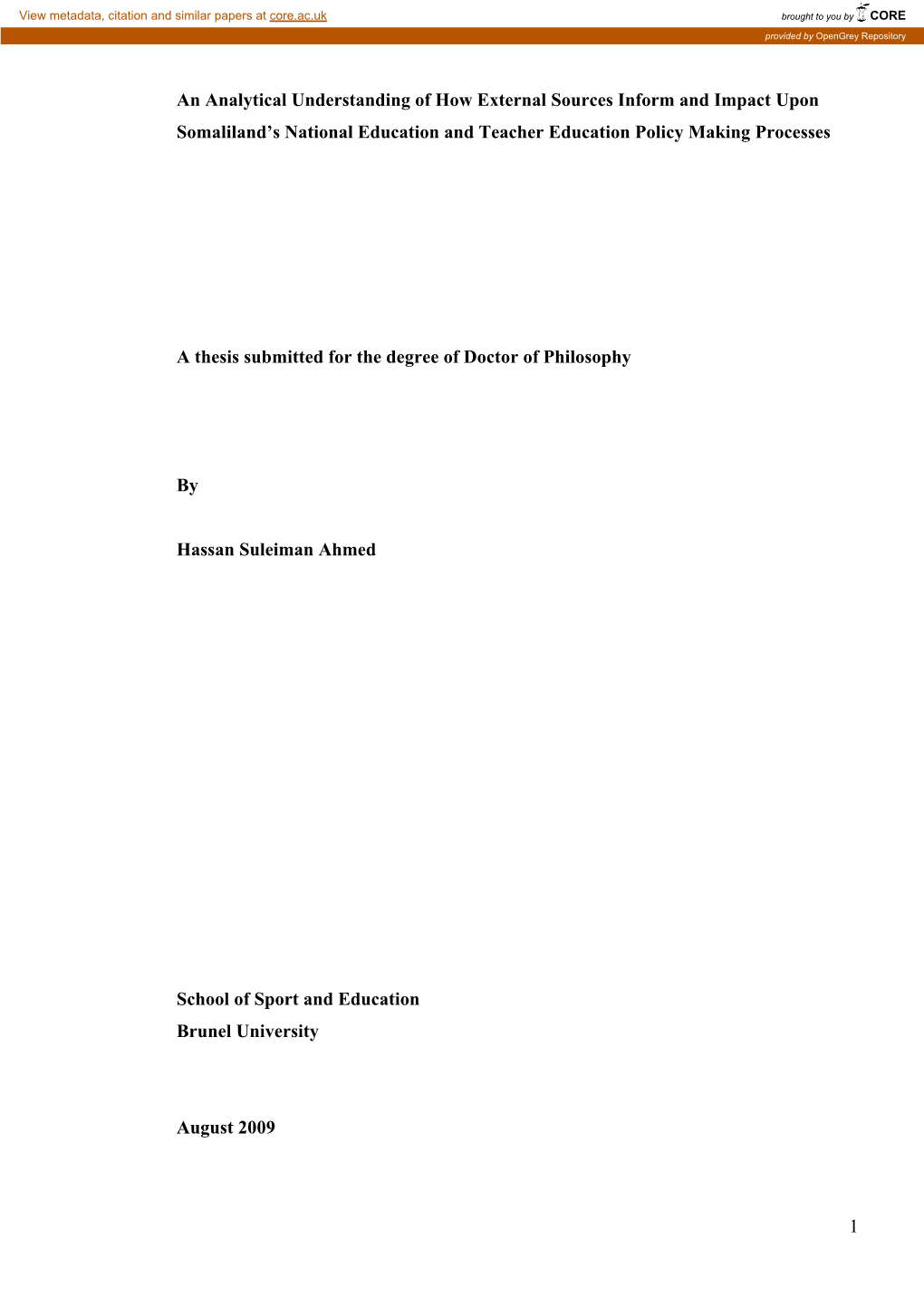 An Analytical Understanding of How External Sources Inform and Impact Upon Somaliland’S National Education and Teacher Education Policy Making Processes