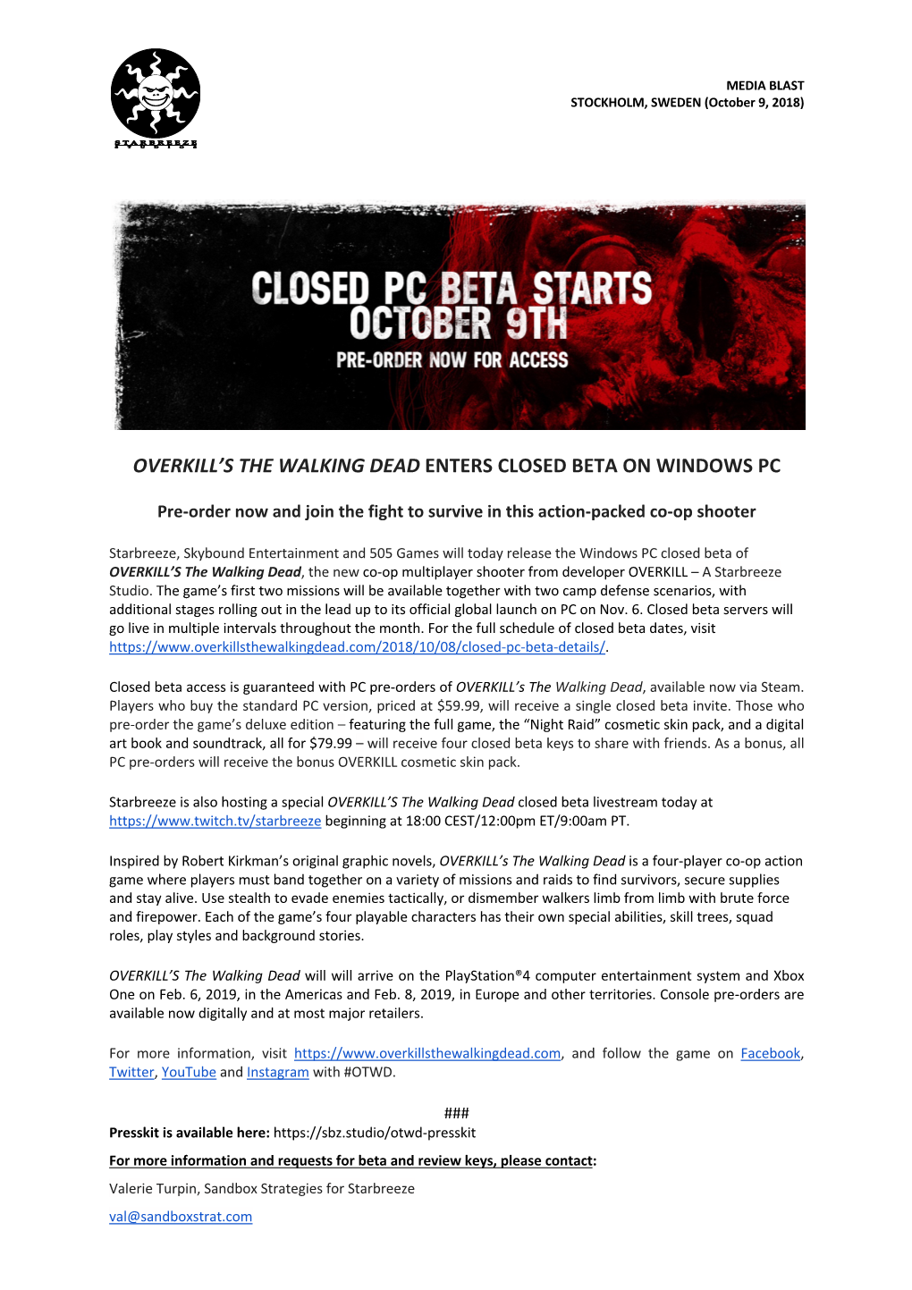 2018-10-09 Overkills the Walking Dead Beta Starts Today