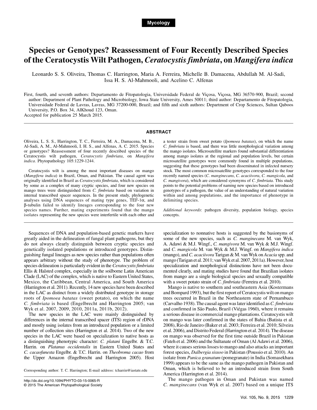 Species Or Genotypes? Reassessment of Four Recently Described Species of the Ceratocystis Wilt Pathogen, Ceratocystis Fimbriata,Onmangifera Indica