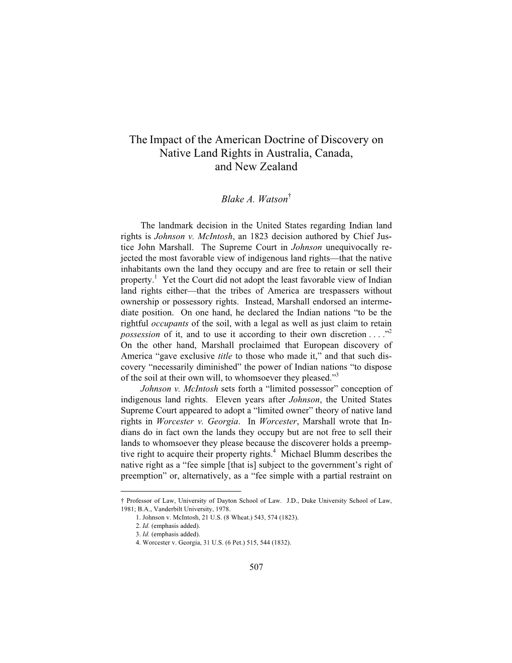 The Impact of the American Doctrine of Discovery on Native Land Rights in Australia, Canada, and New Zealand