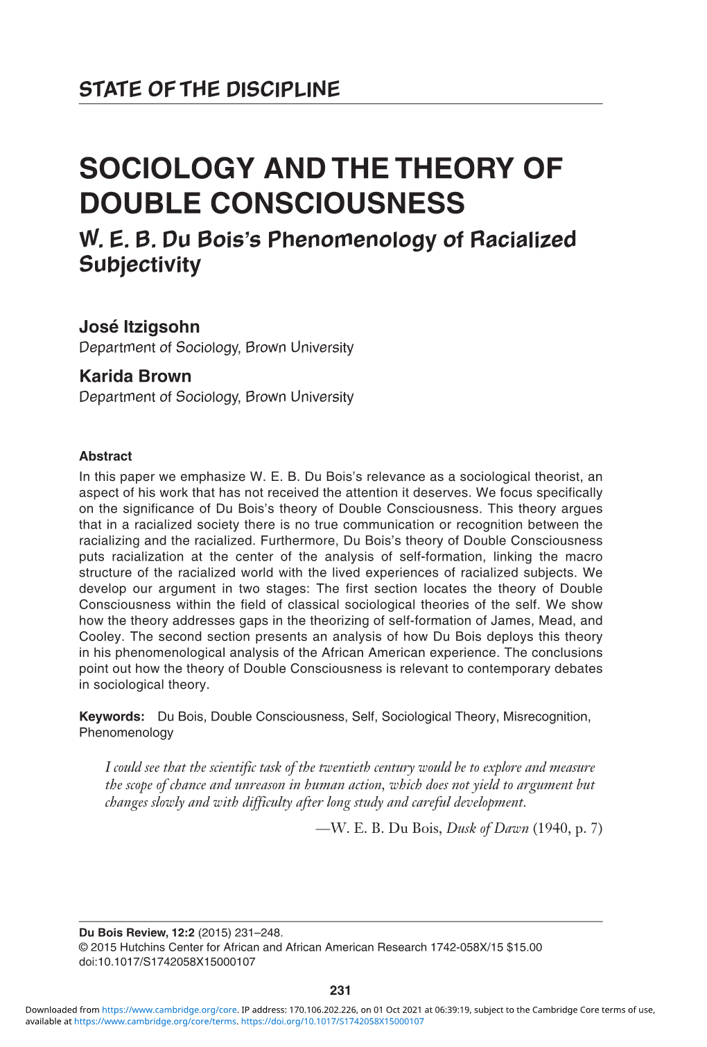 Sociology and the Theory of Double Consciousness W