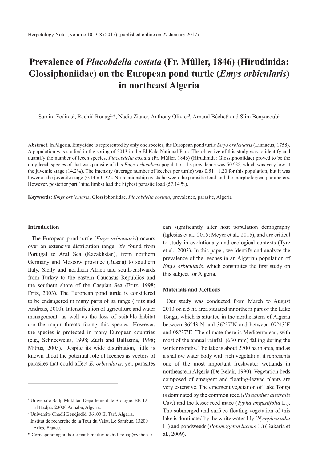 Hirudinida: Glossiphoniidae) on the European Pond Turtle (Emys Orbicularis) in Northeast Algeria