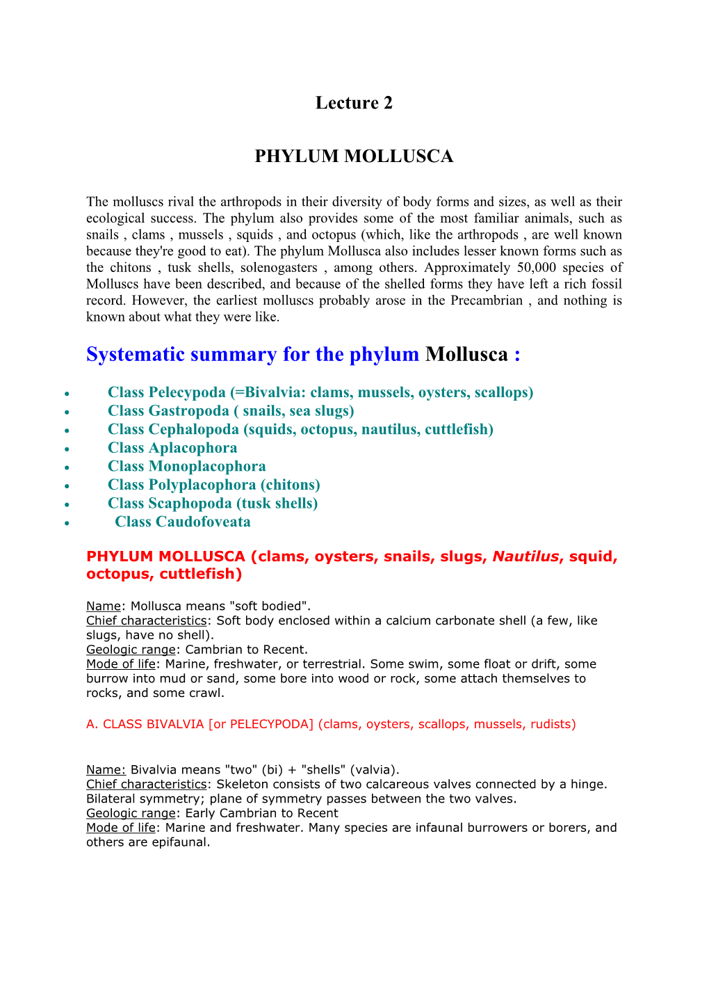 Lecture 2 PHYLUM MOLLUSCA