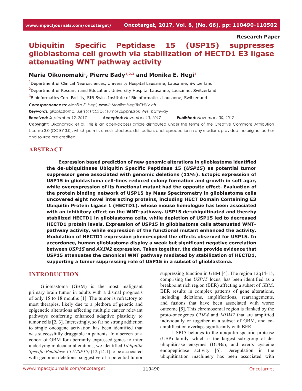 Ubiquitin Specific Peptidase 15 (USP15) Suppresses Glioblastoma Cell Growth Via Stabilization of HECTD1 E3 Ligase Attenuating WNT Pathway Activity