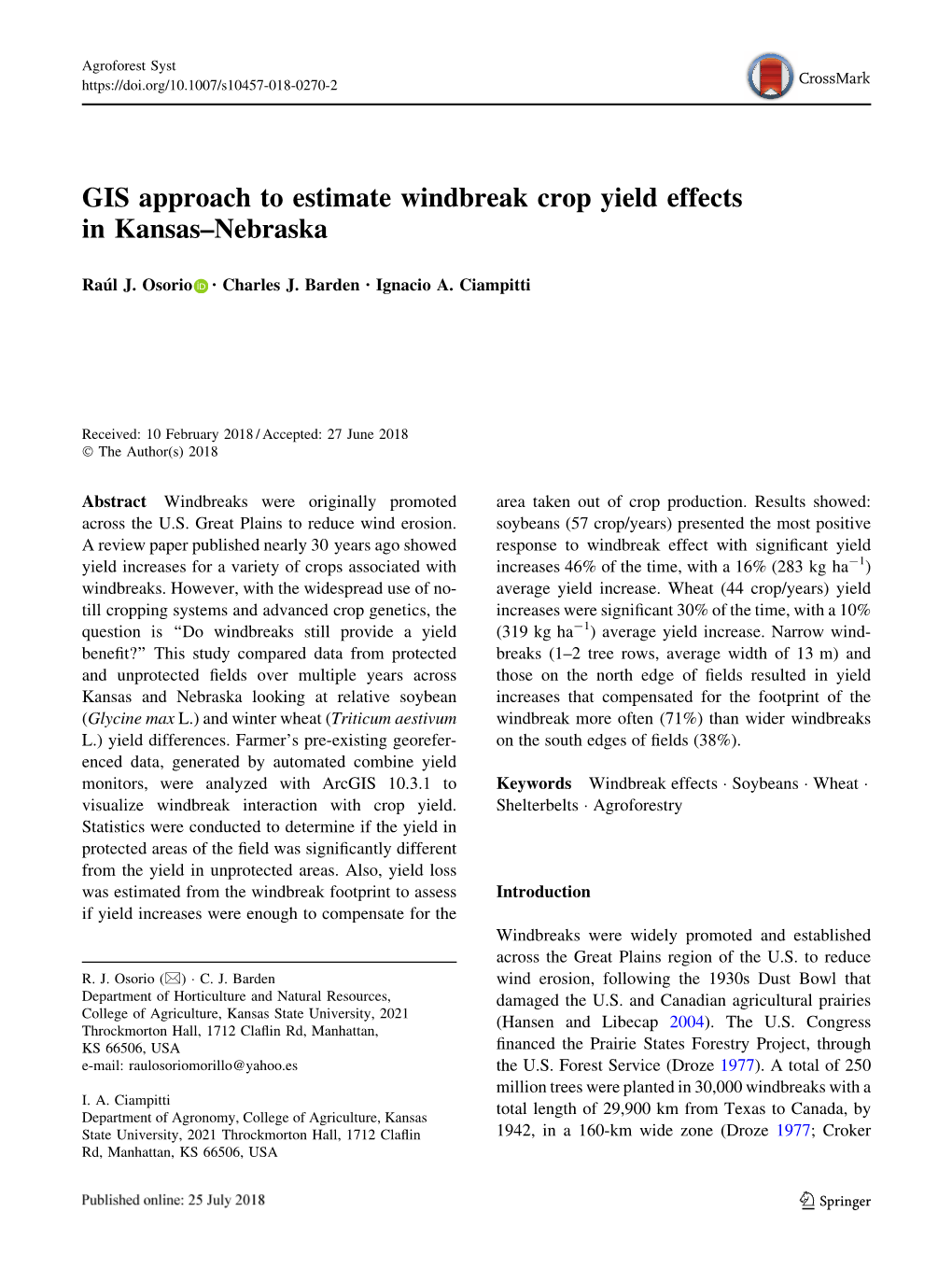 GIS Approach to Estimate Windbreak Crop Yield Effects in Kansas–Nebraska