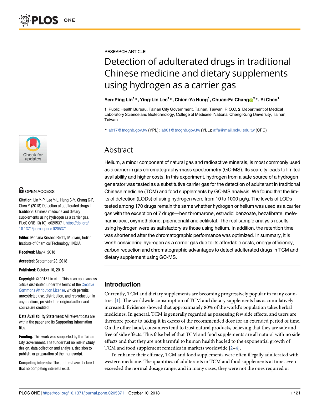 Detection of Adulterated Drugs in Traditional Chinese Medicine and Dietary Supplements Using Hydrogen As a Carrier Gas