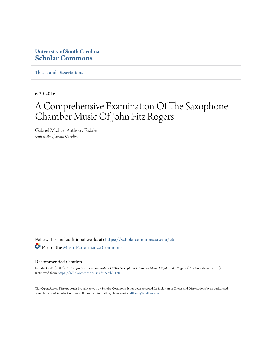 A Comprehensive Examination of the Saxophone Chamber Music of John Fitz Rogers