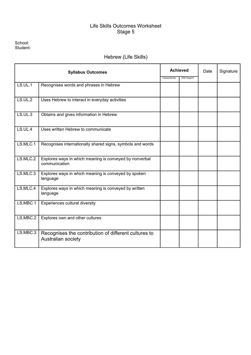 Life Skills Outcomes Worksheet