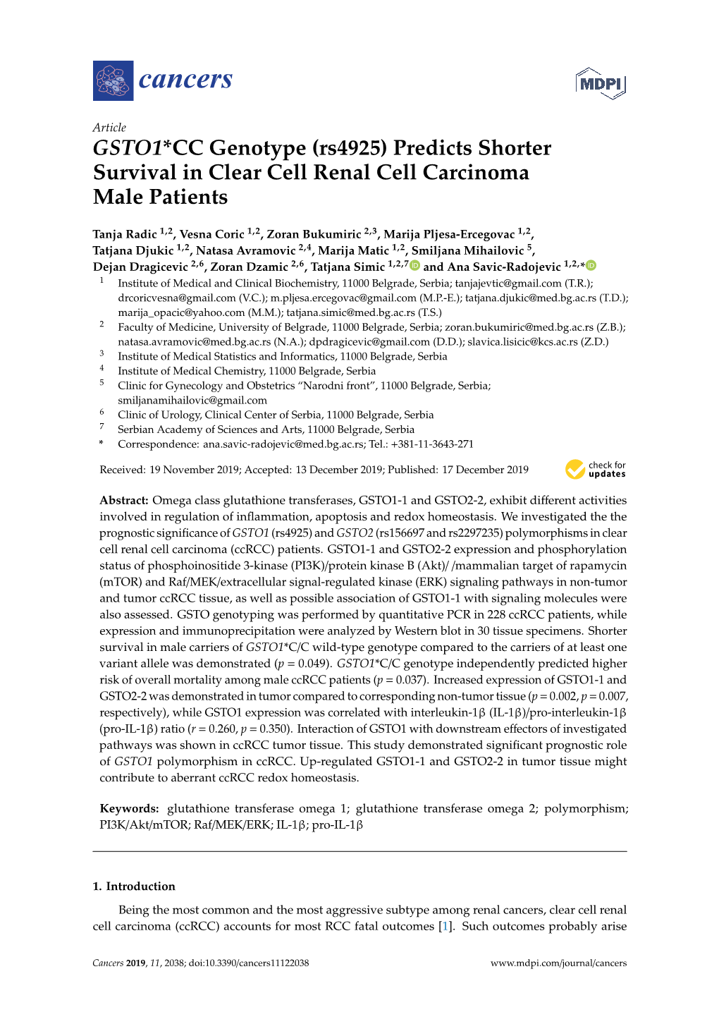 GSTO1*CC Genotype (Rs4925) Predicts Shorter Survival in Clear Cell Renal Cell Carcinoma Male Patients